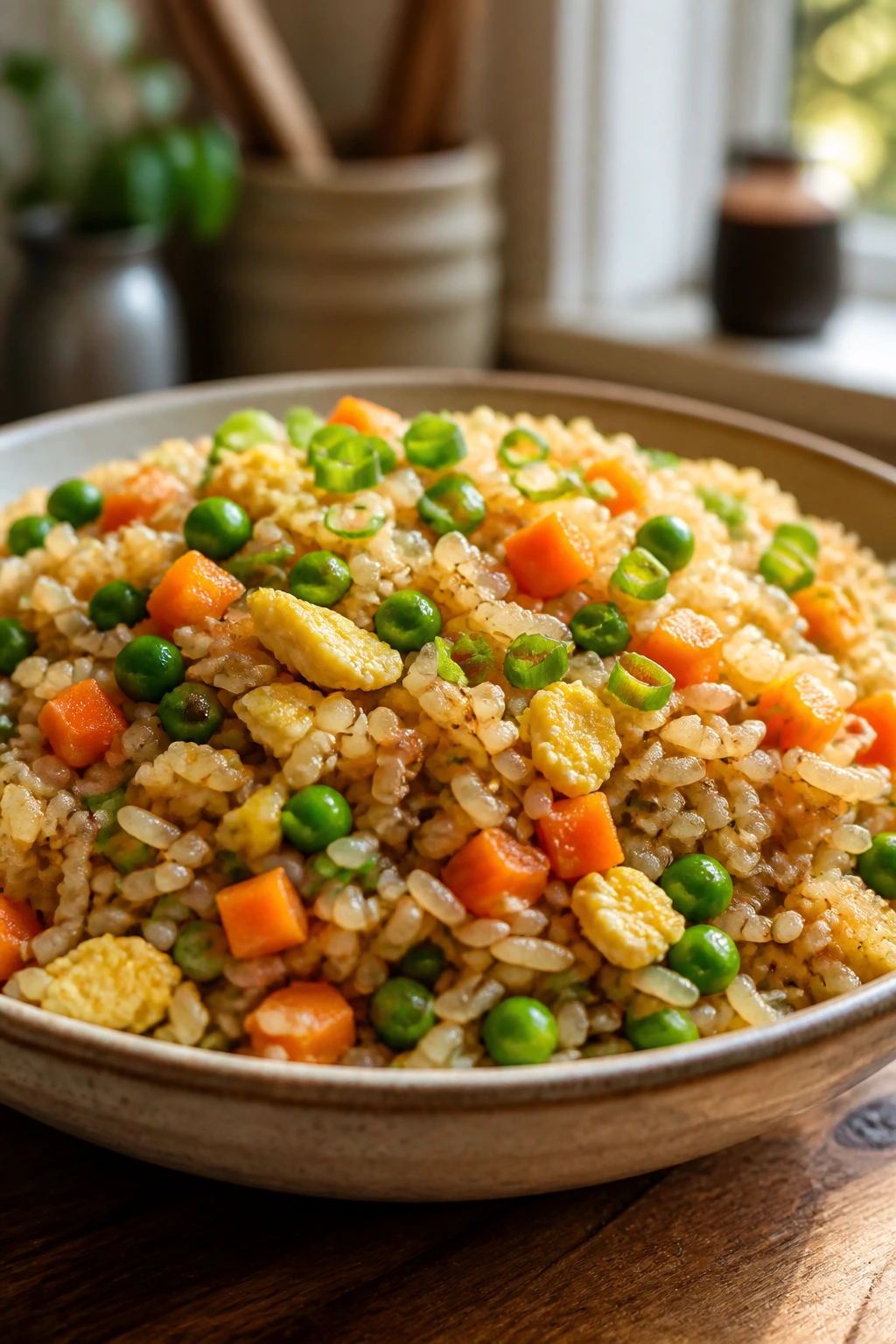 Colorful veggie fried rice in a bowl with vegetables and eggs