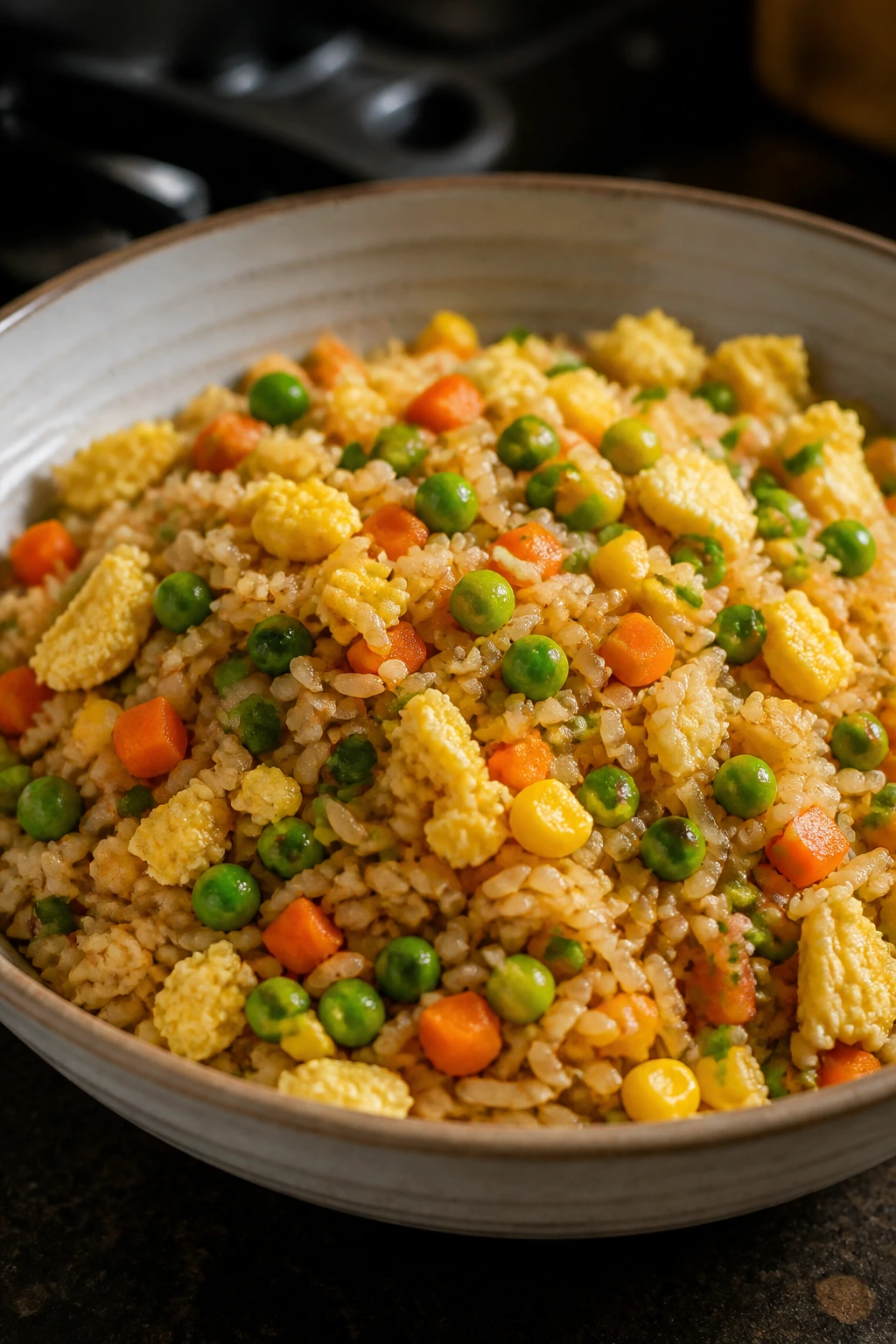 Close-up of veggie fried rice in a bowl with colorful vegetables