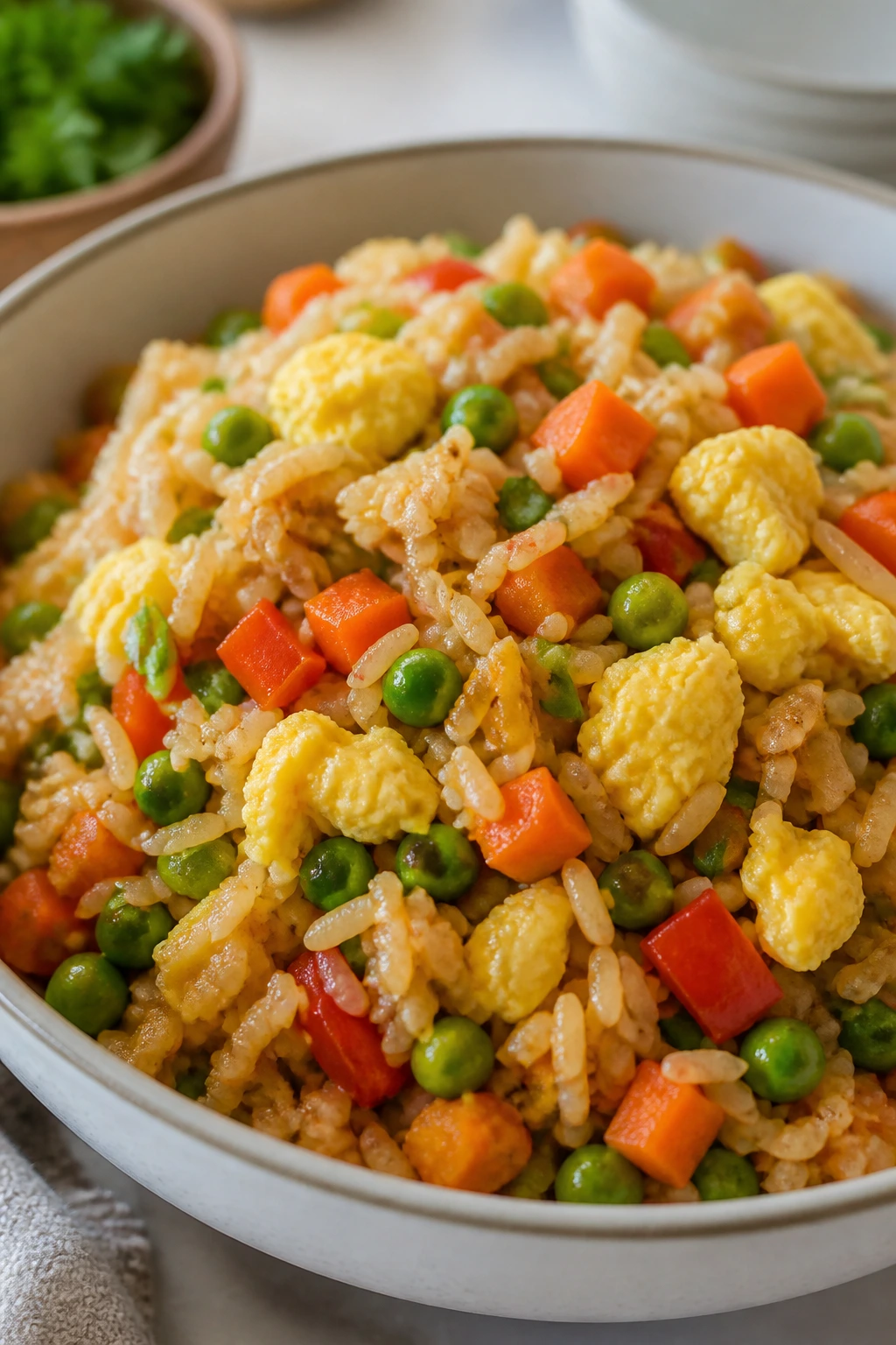 Close-up of veggie fried rice with egg in a bowl