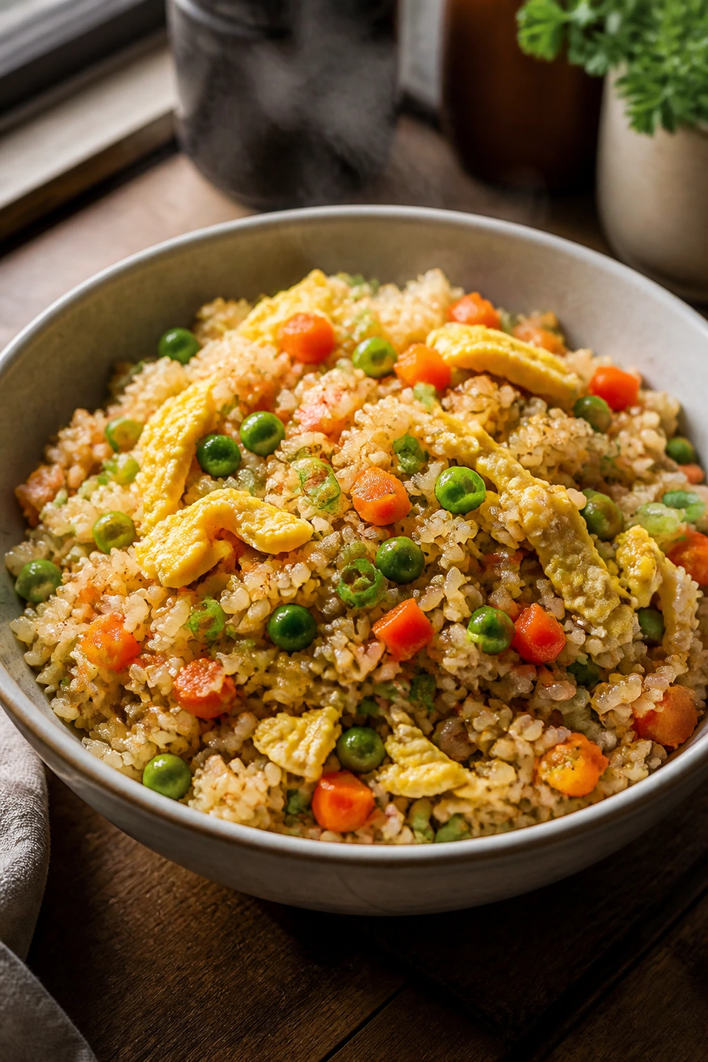 Bowl of veggie fried rice with egg on wooden table