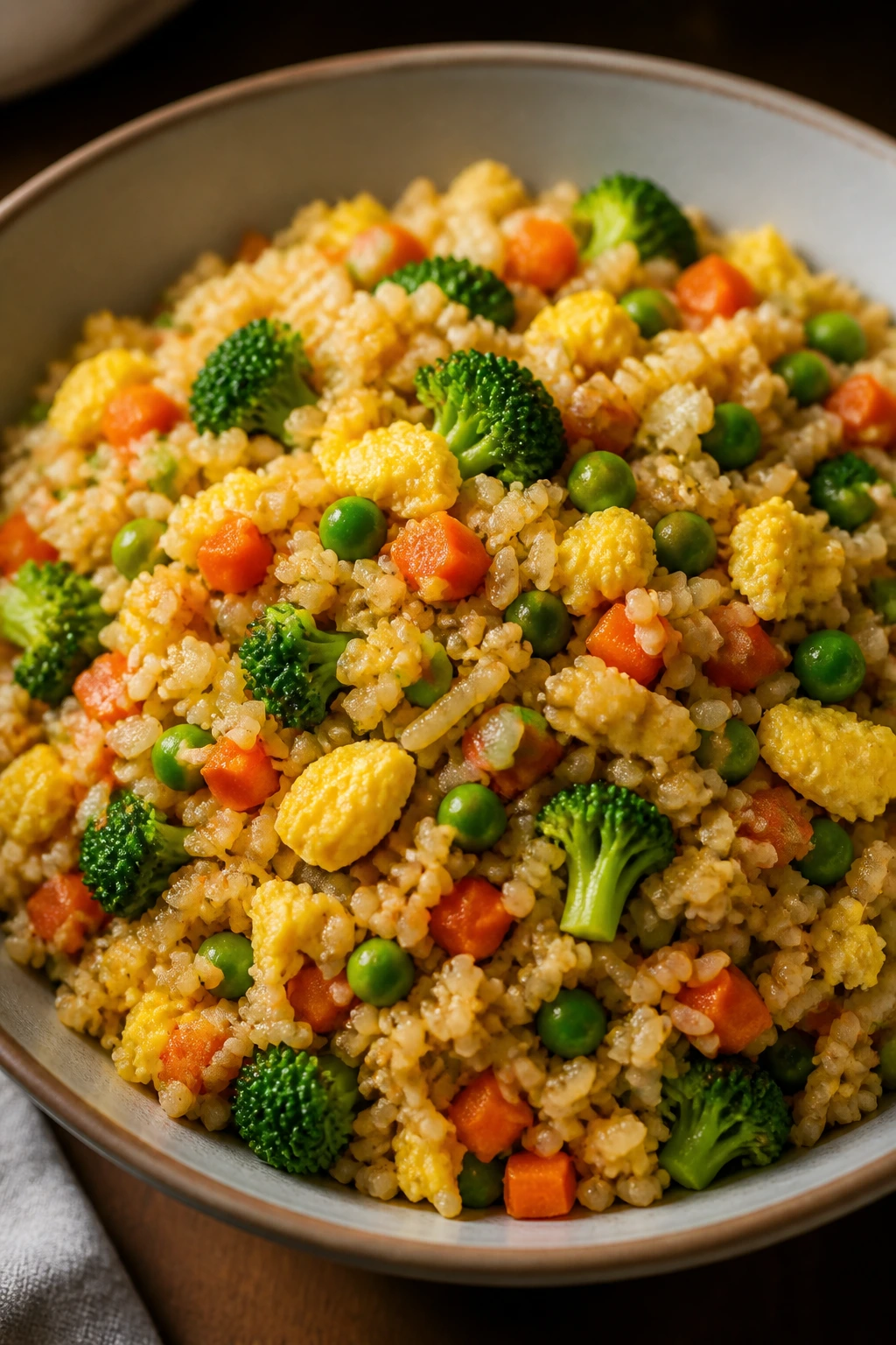 Colorful veggie fried rice with egg in a bowl