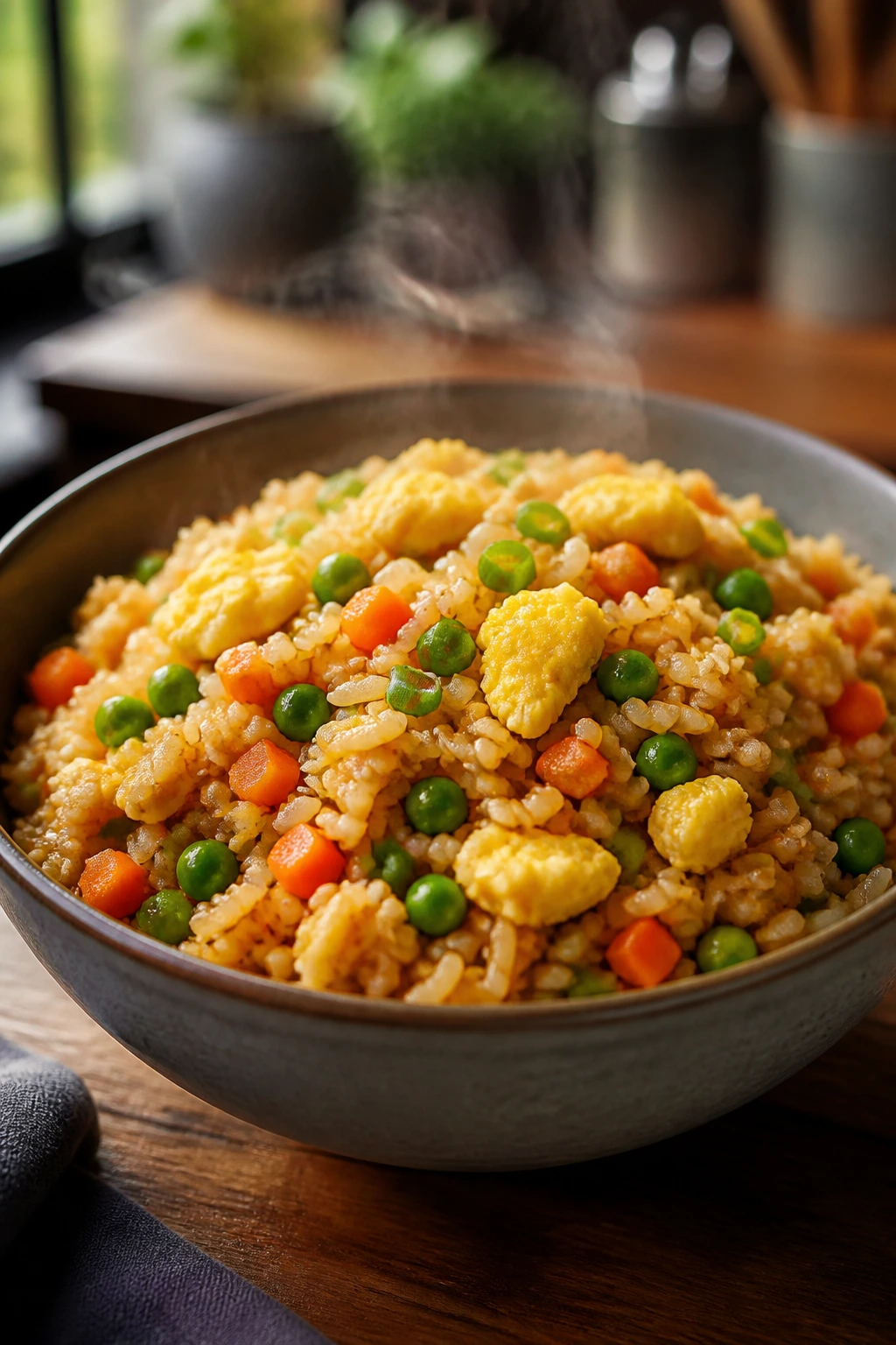 Close-up of veggie fried rice with egg in a bowl