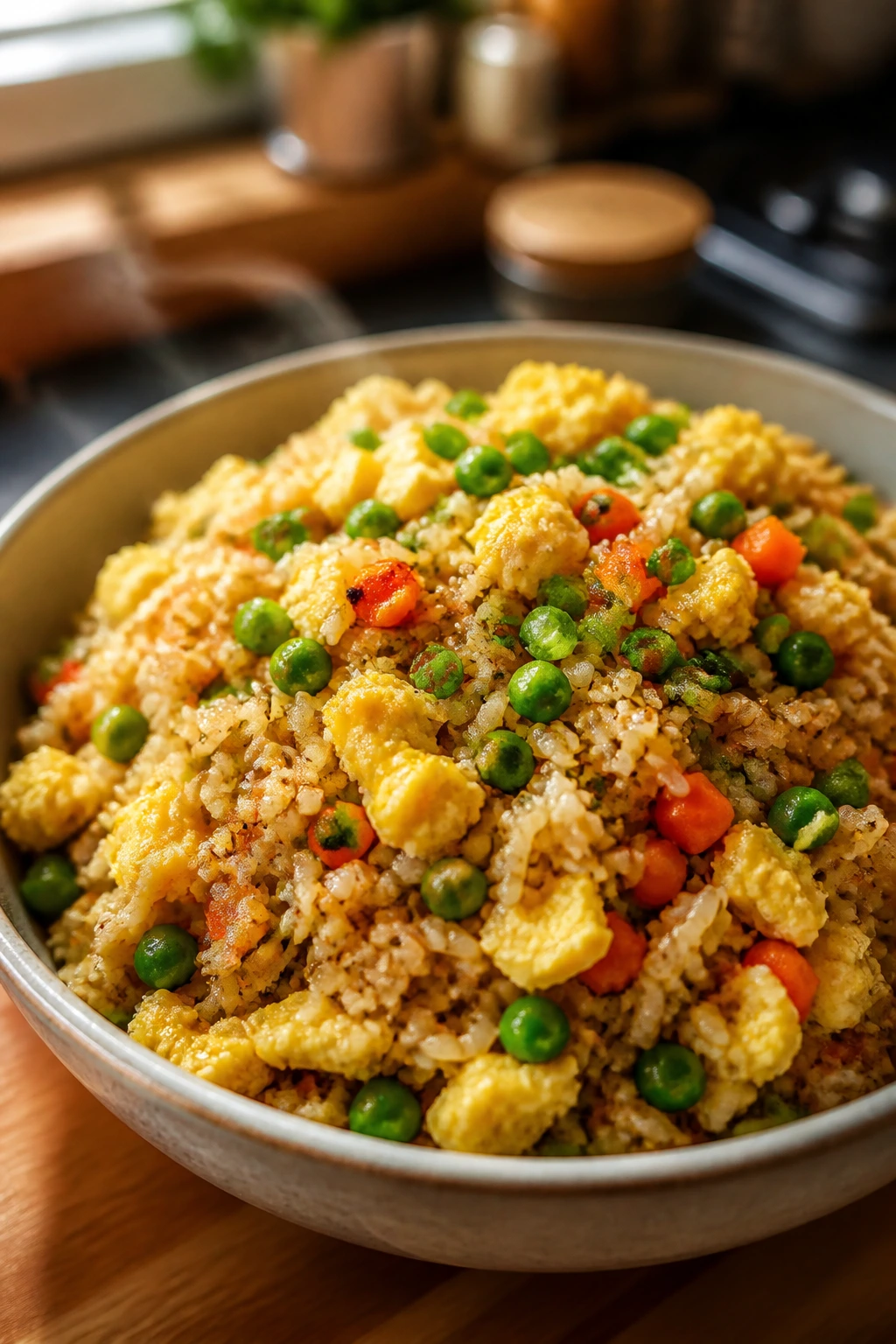 Close-up of veggie fried rice with eggs and vegetables