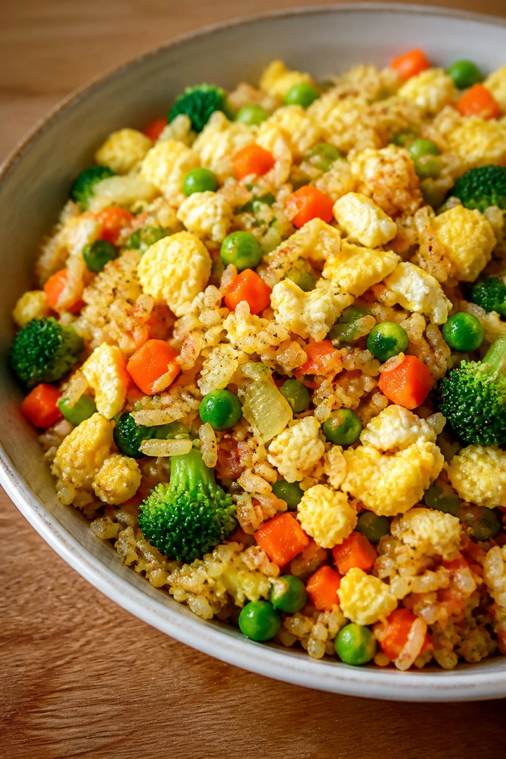 Bowl of veggie fried rice with eggs