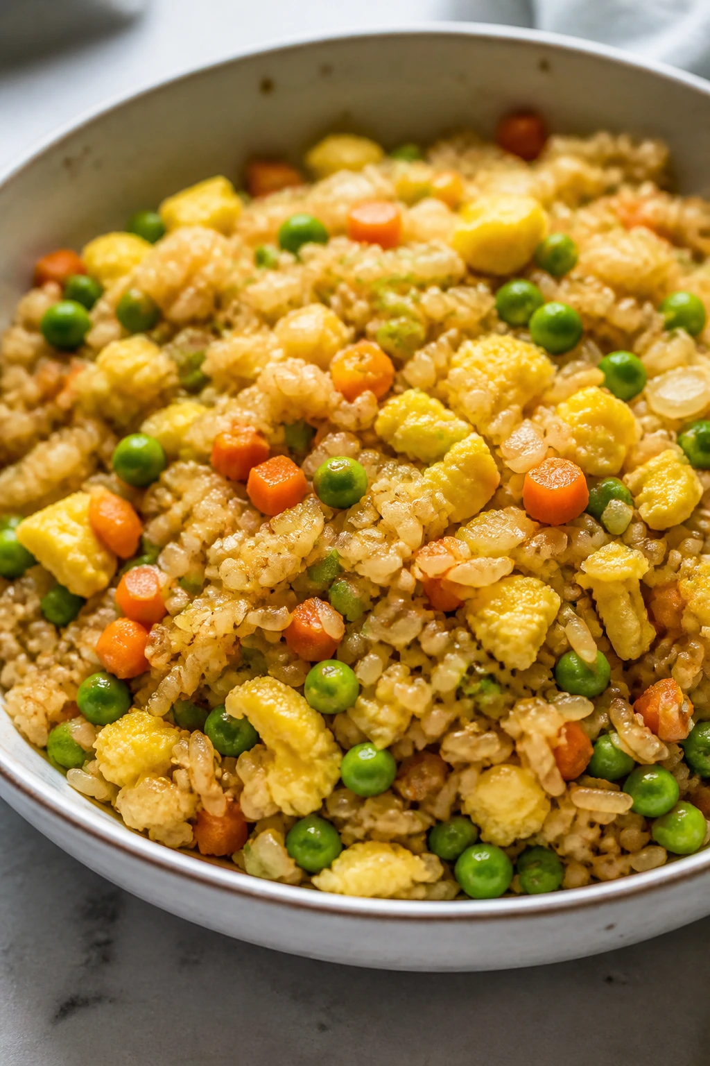 Bright veggie fried rice with eggs in a bowl on a kitchen counter