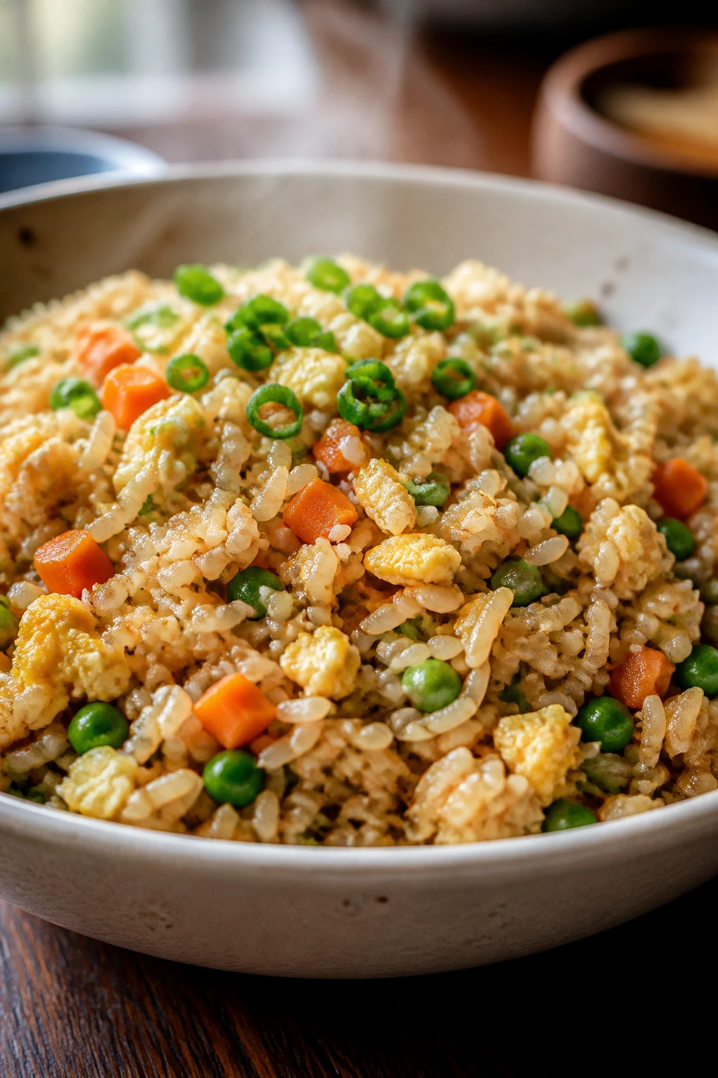 Close-up of Veggie Fried Rice with peas and carrots in a bowl
