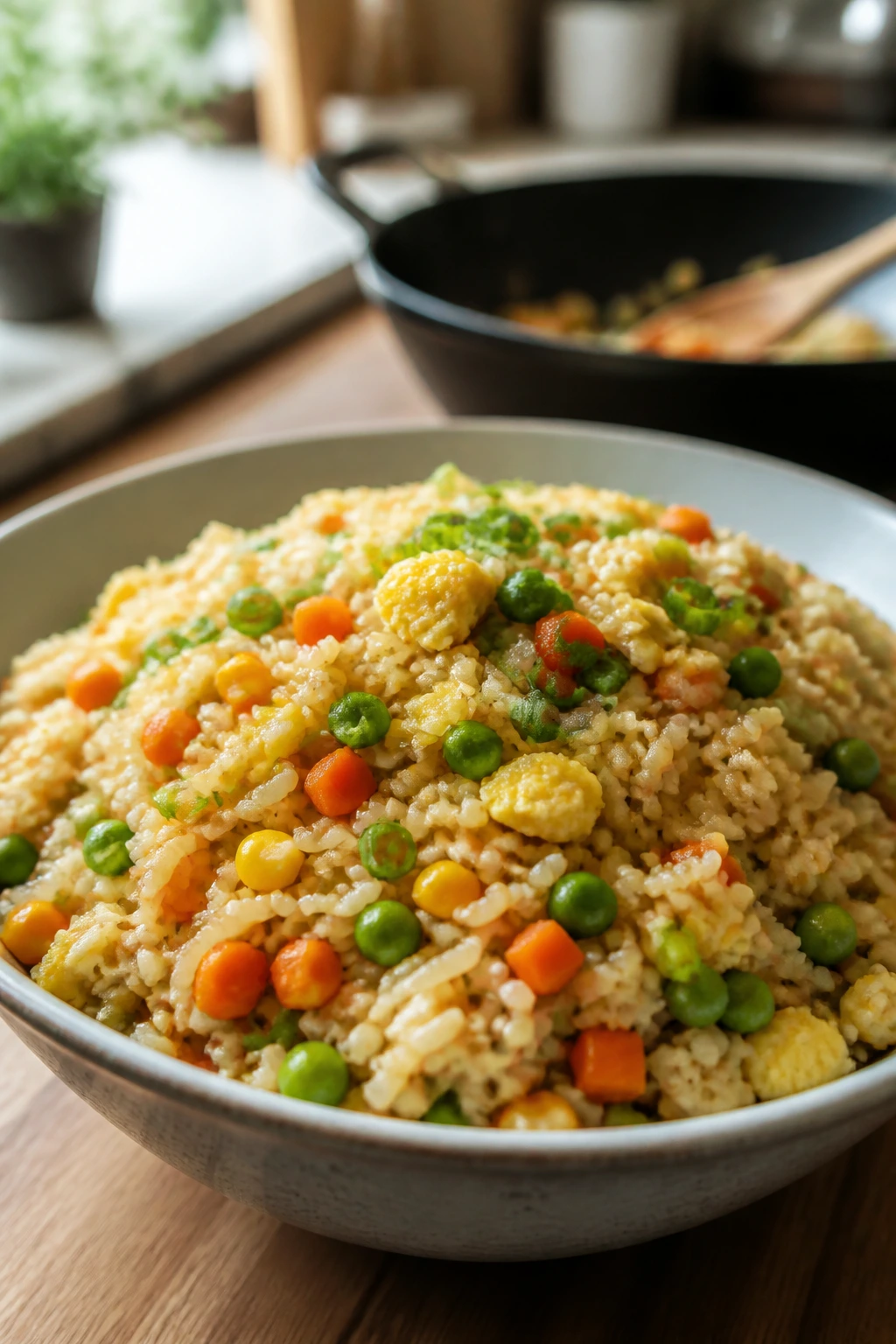 Veggie fried rice with peas carrots and eggs in a bowl