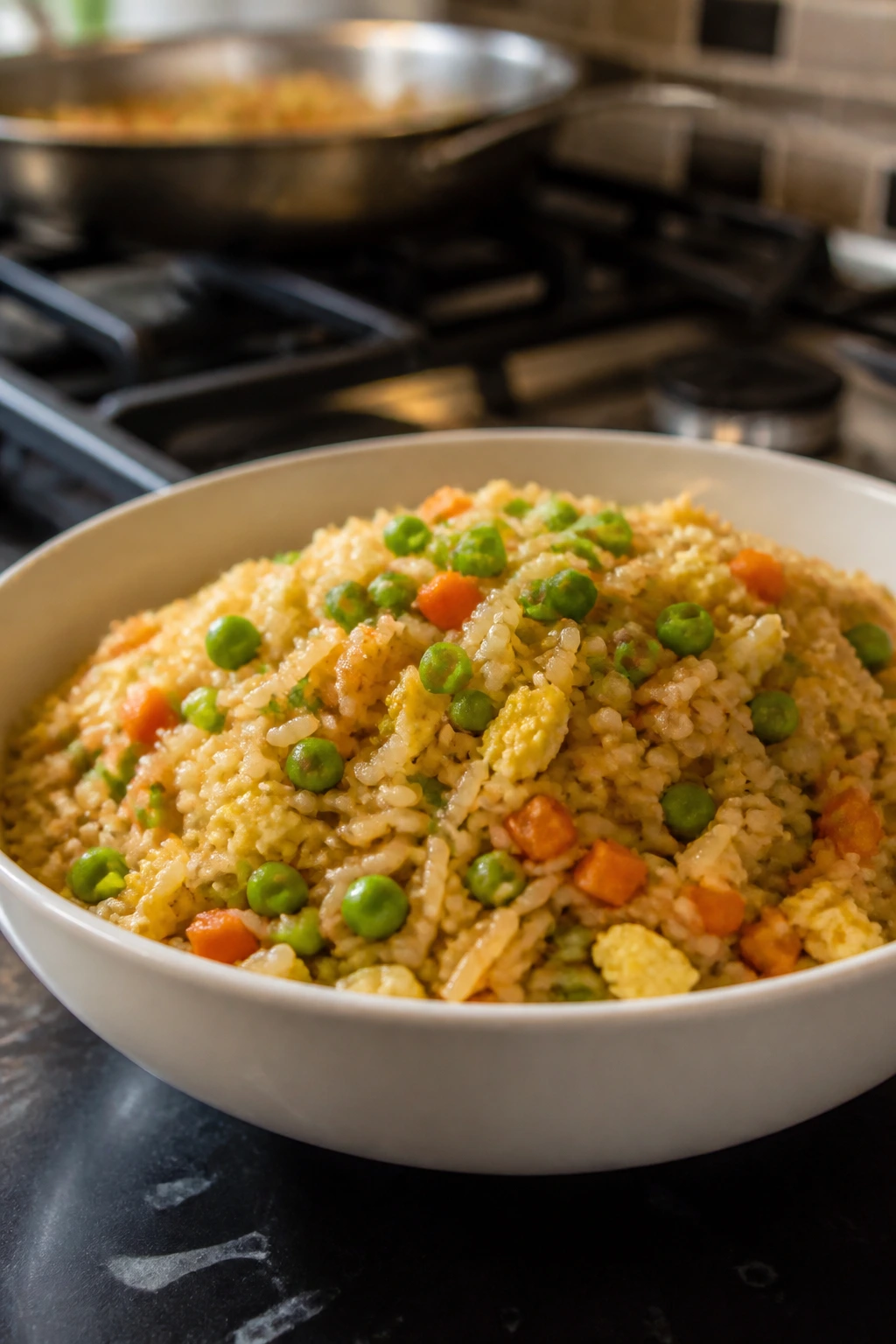 Vibrant veggie fried rice with eggs, carrots, peas and scallions in a bowl