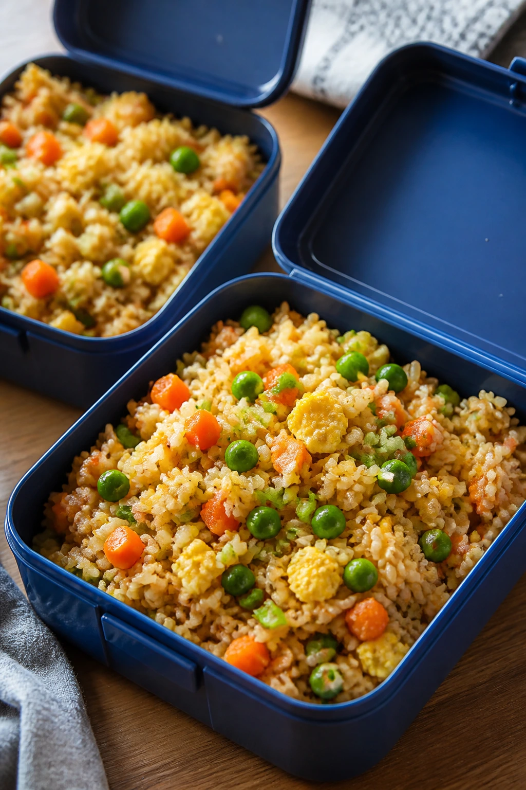 Open lunchboxes with veggie fried rice filled with peas and carrots