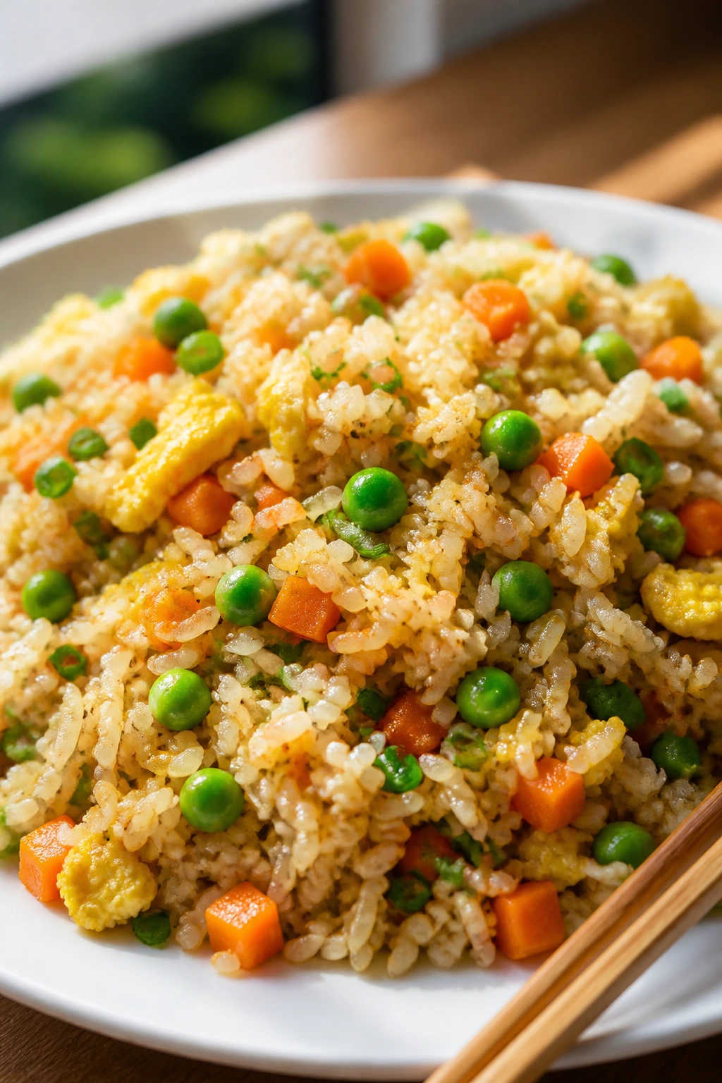 Close-up of veggie fried rice with peas and carrots on a plate