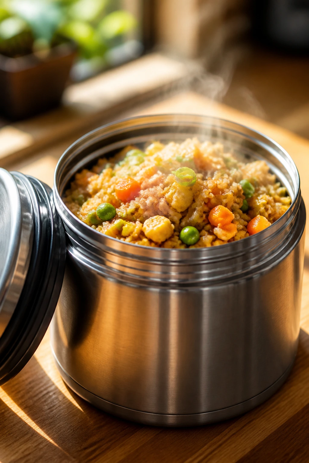 Steaming veggie fried rice visible inside a thermos bowl on a kitchen counter.