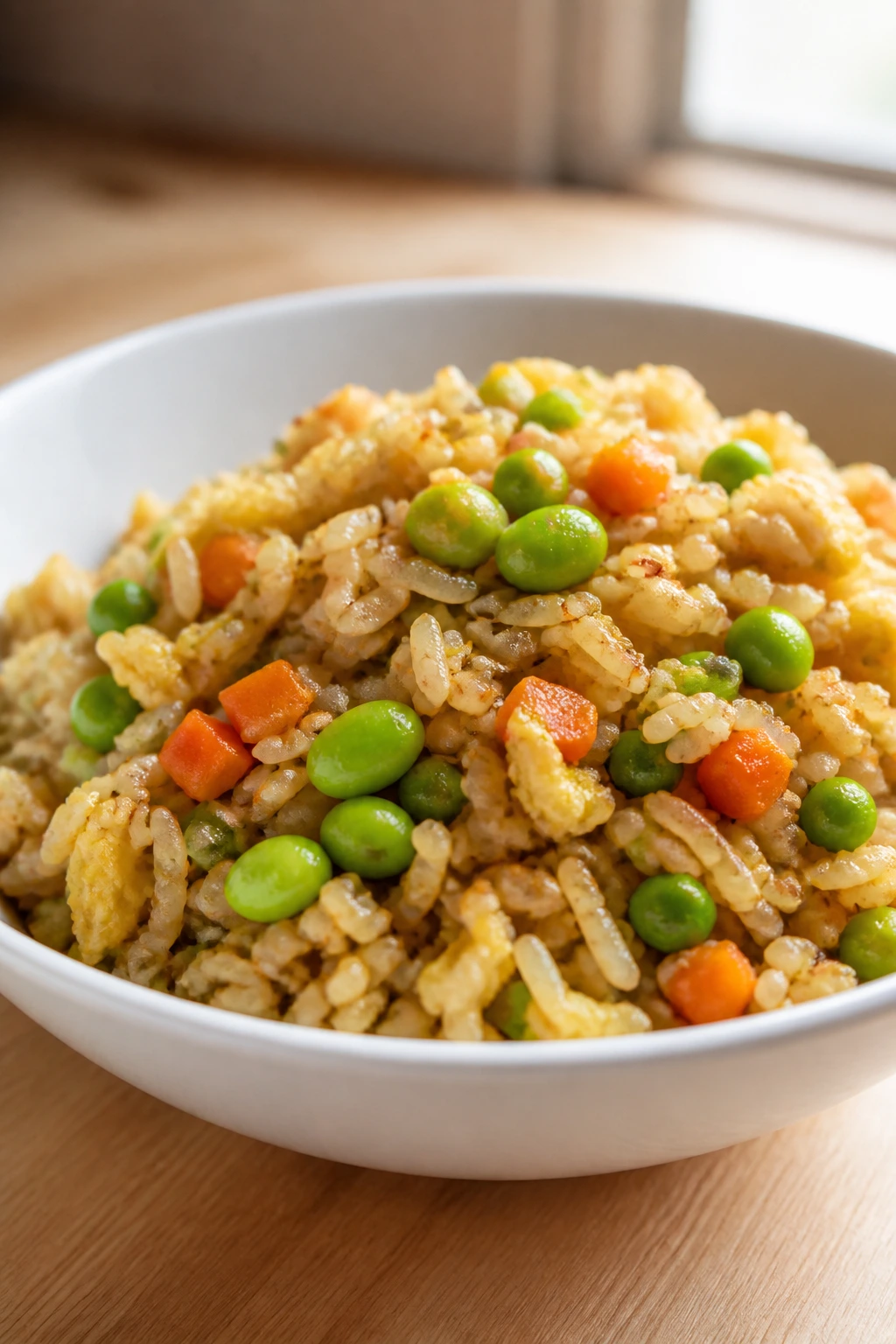 Close-up of veggie fried rice with peas and edamame in a bowl