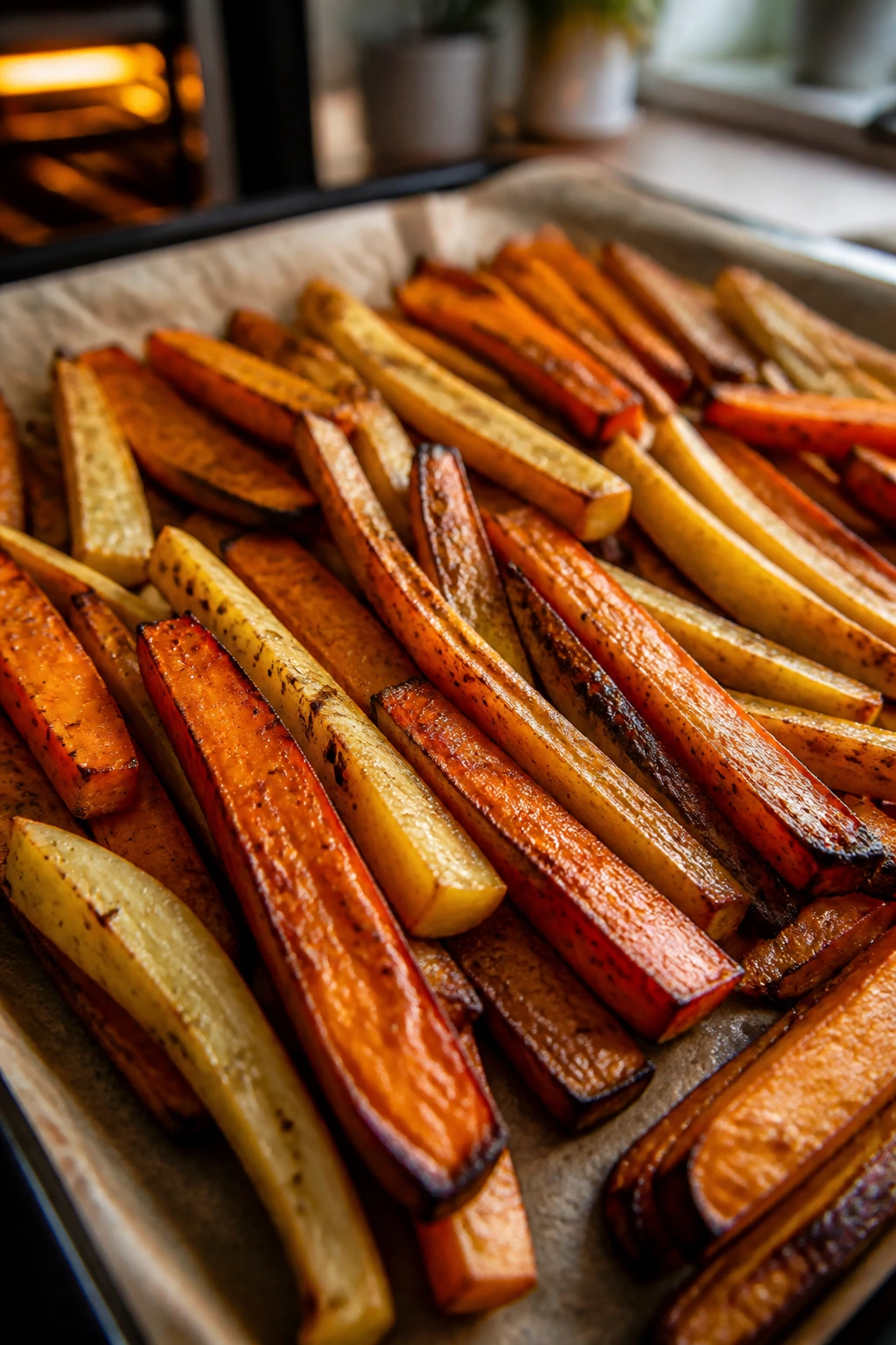 Close-up of caramelized veggie fries on parchment in a warm kitchen