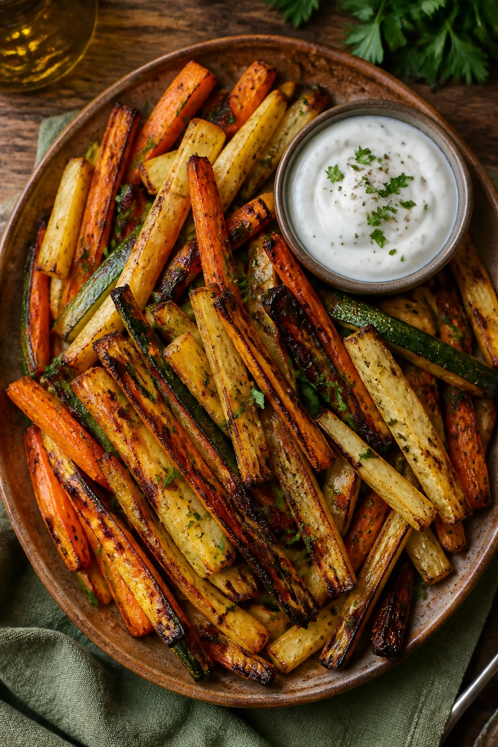 Fries on a warm platter ready to dinner with a side dip
