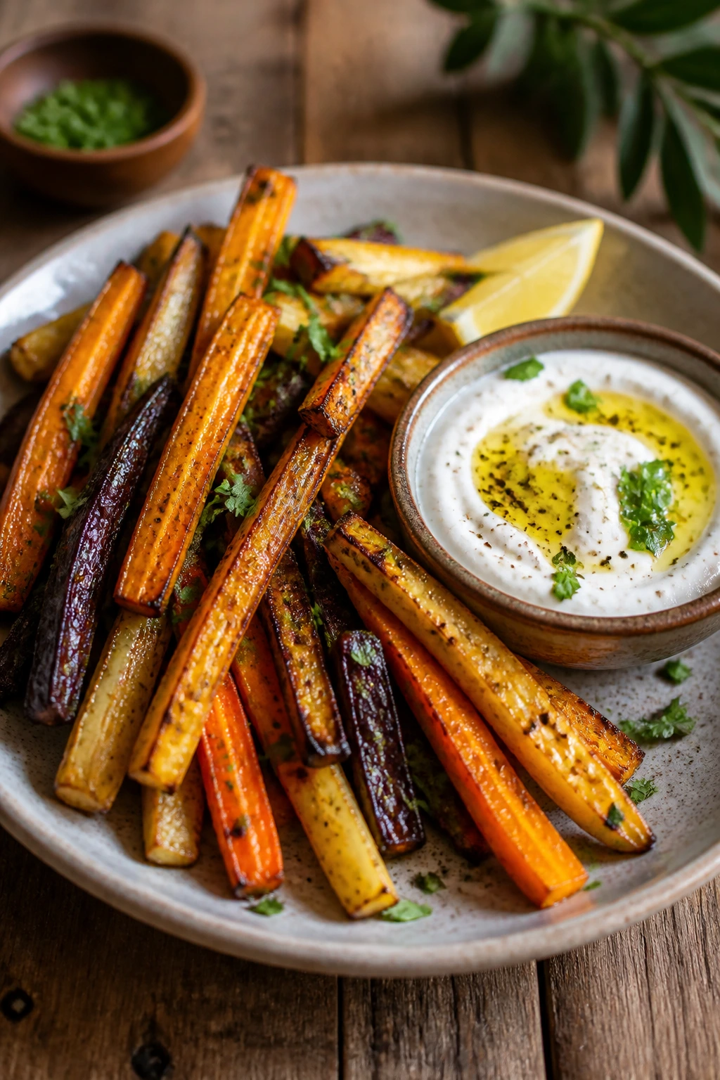 Plated caramelized veggie fries with lemon-tahini yogurt dip on a wooden table