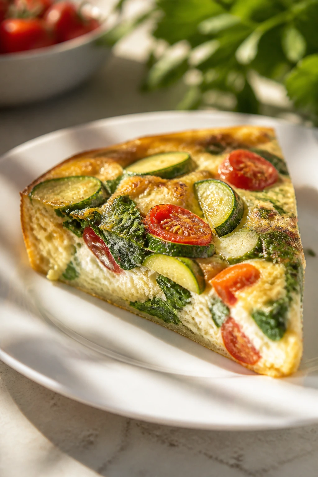 Slice of veggie frittata showing cottage cheese and vegetables on plate