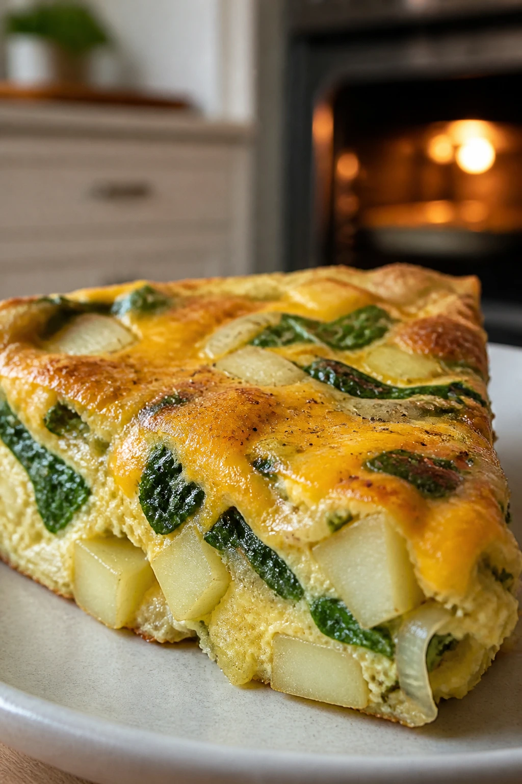 Slice of veggie frittata with potatoes on plate in kitchen