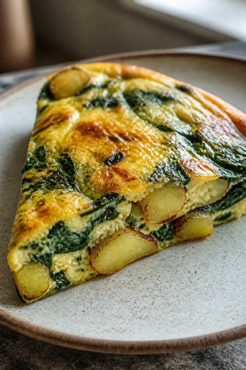 Golden wedge frittata with potatoes and spinach on a plate