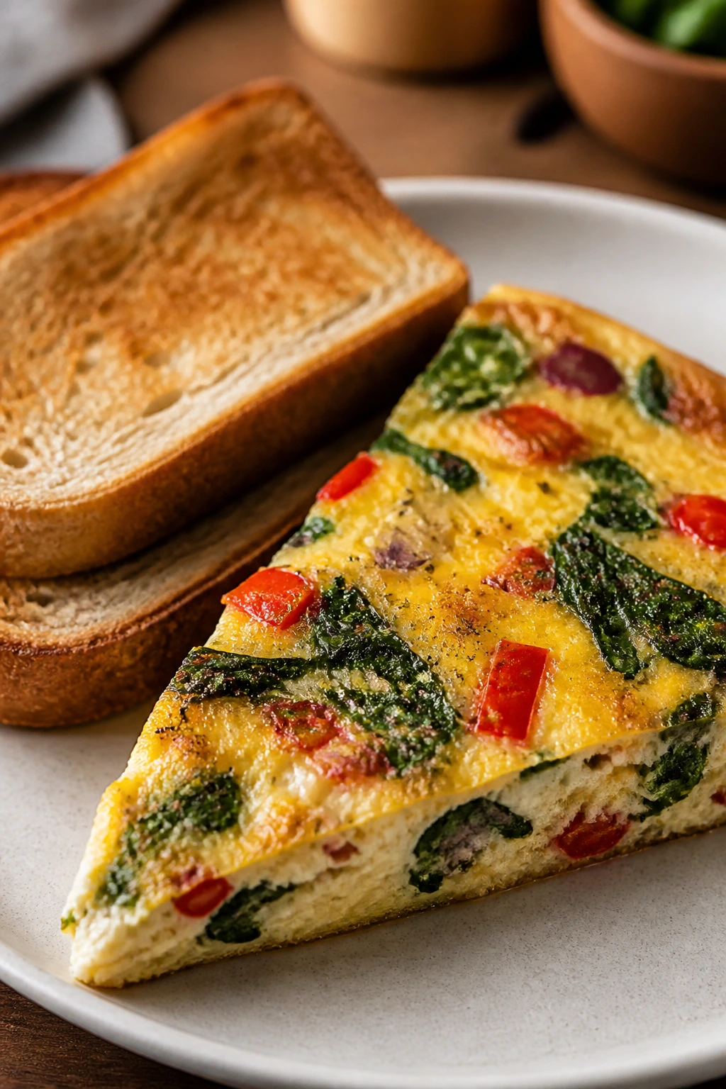 Close-up of veggie frittata with toast wedges on a plate.