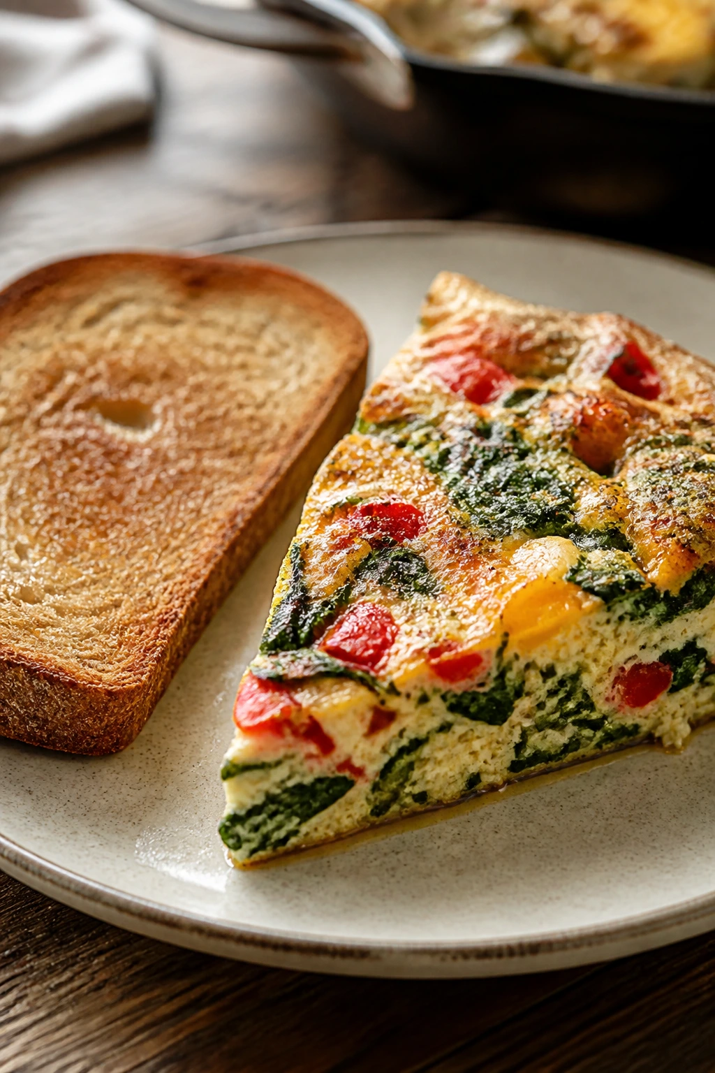 Wedge of veggie frittata with a slice of toast on a plate