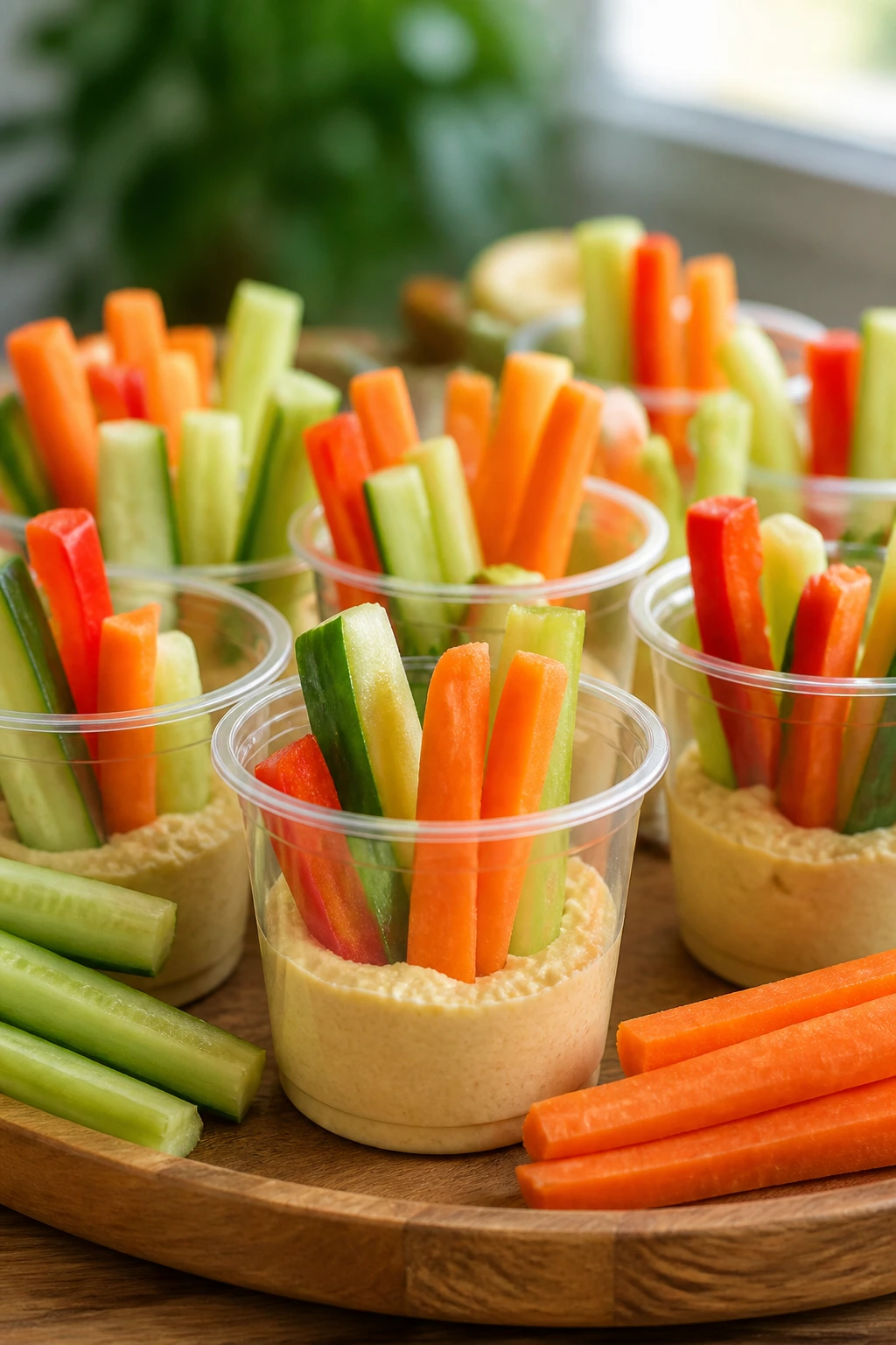 Close-up of veggie hummus cups with colorful vegetable sticks on a wooden platter