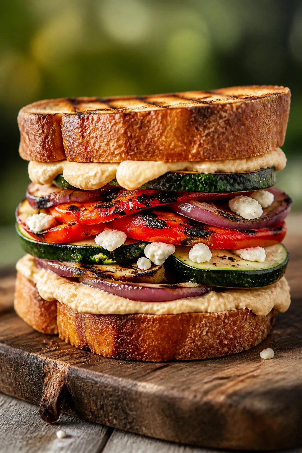 Veggie hummus stack sandwich with zucchini peppers onions and feta