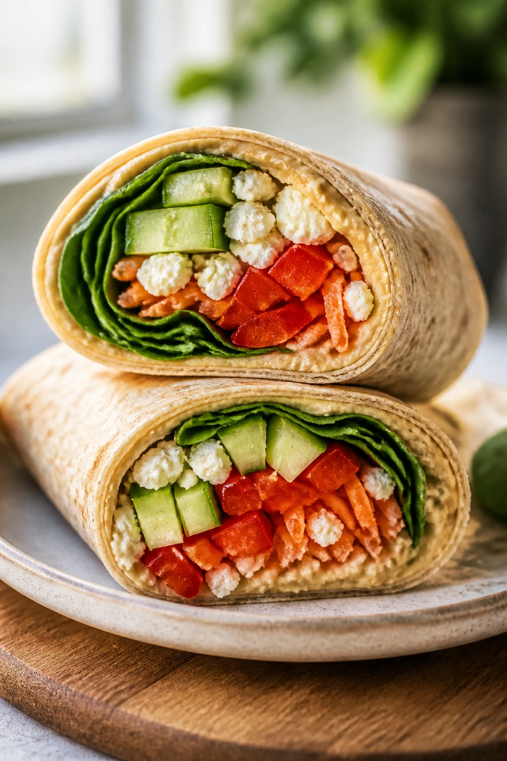 Close-up of veggie hummus wraps sliced to show colorful fillings