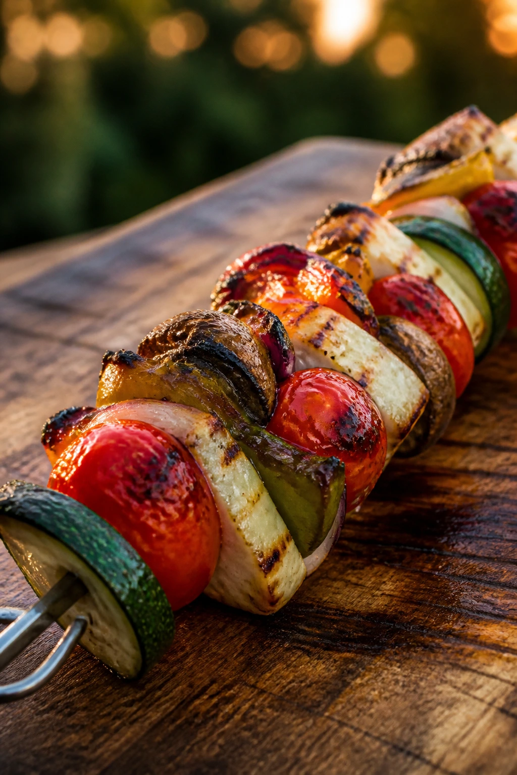 Vibrant veggie kebab skewered with peppers, zucchini, tomatoes, mushrooms, and halloumi on a wooden board.