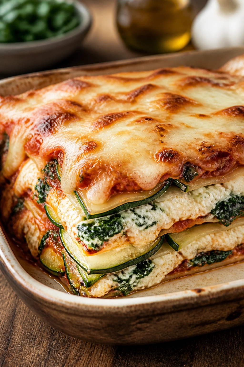 Close-up of Cottage Cheese Veggie Lasagna slice with spinach and zucchini in rustic kitchen