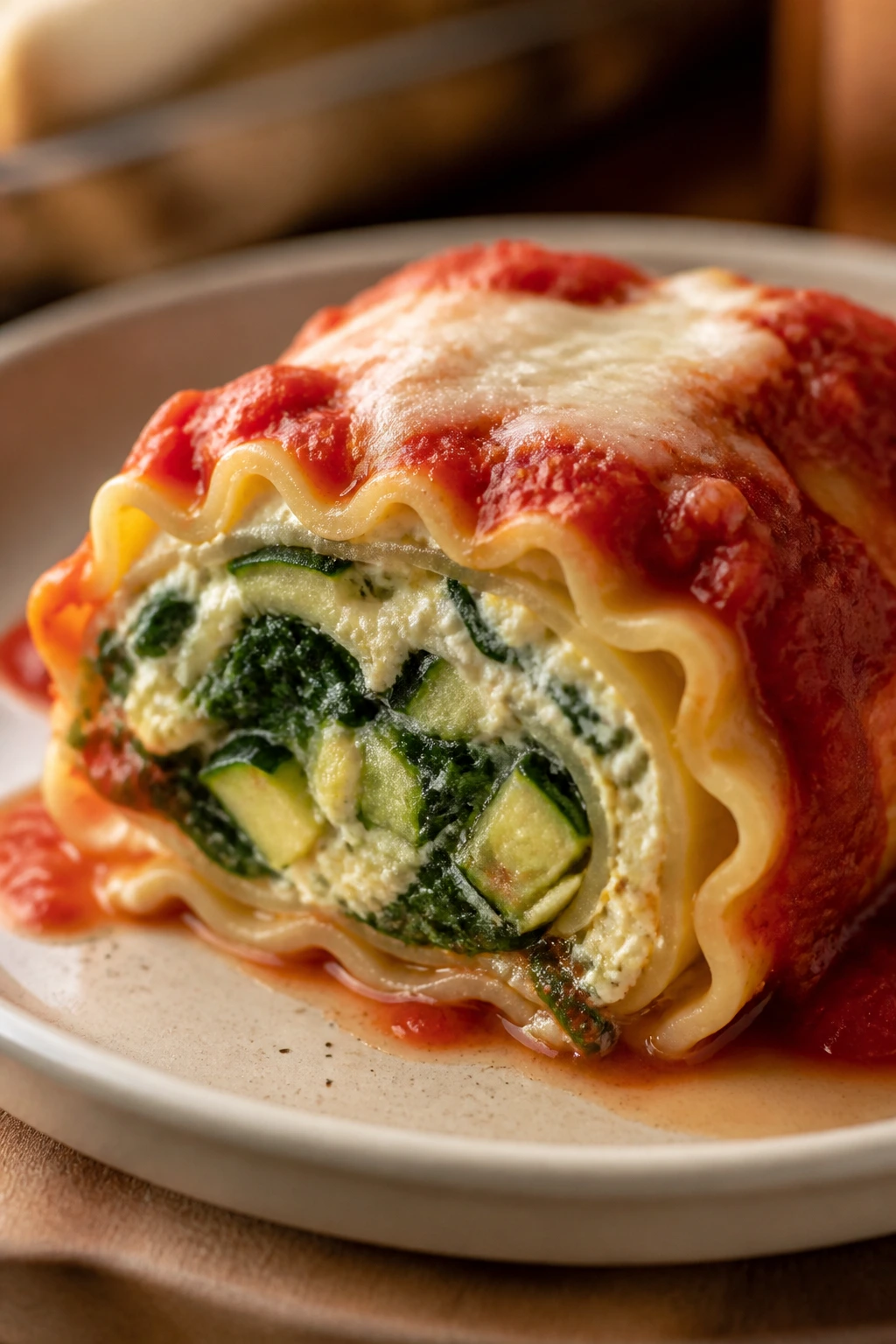 Close-up of veggie lasagna roll with spinach and zucchini filling