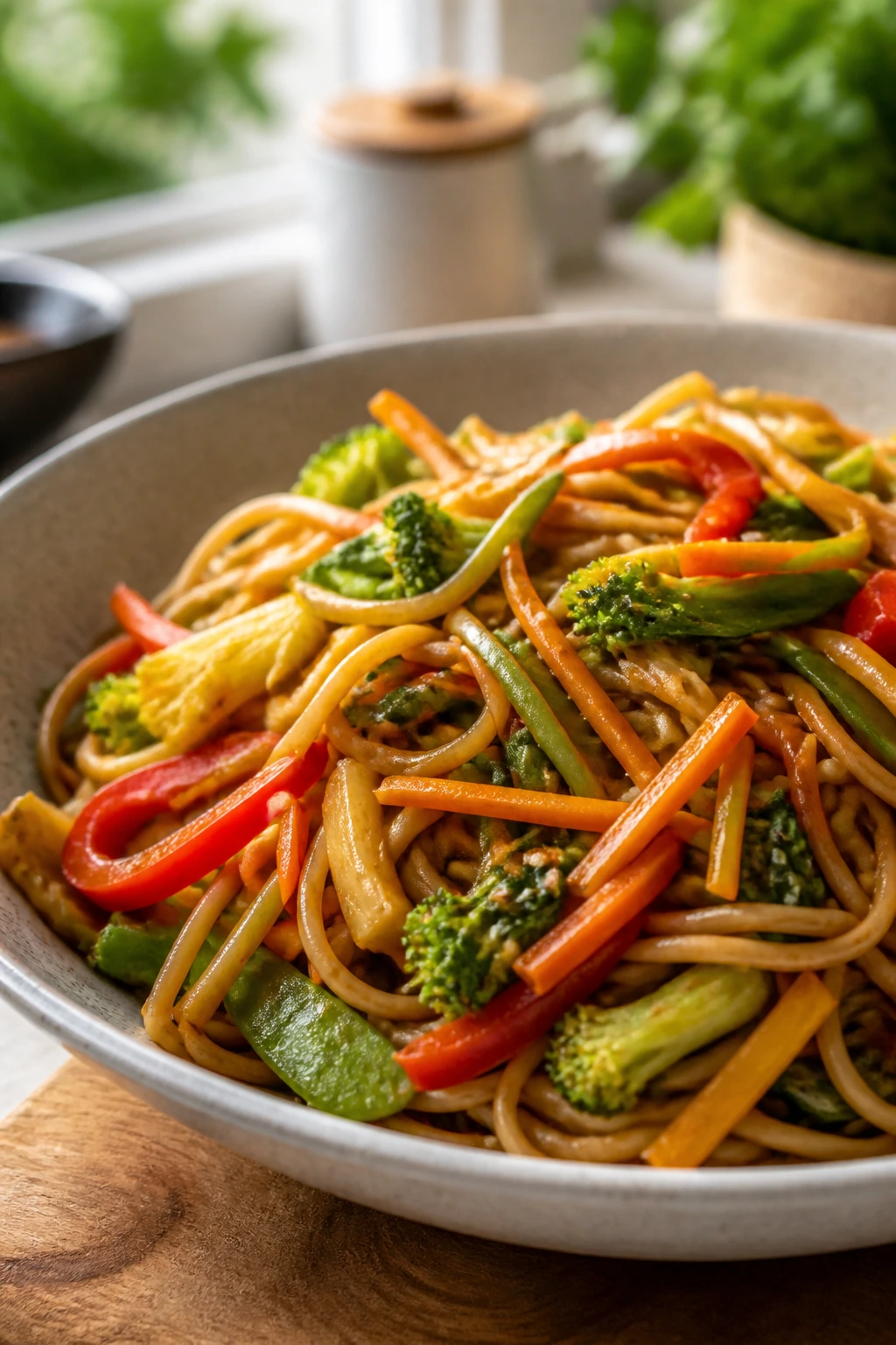 Close-up of veggie lo mein with colorful vegetables and noodles