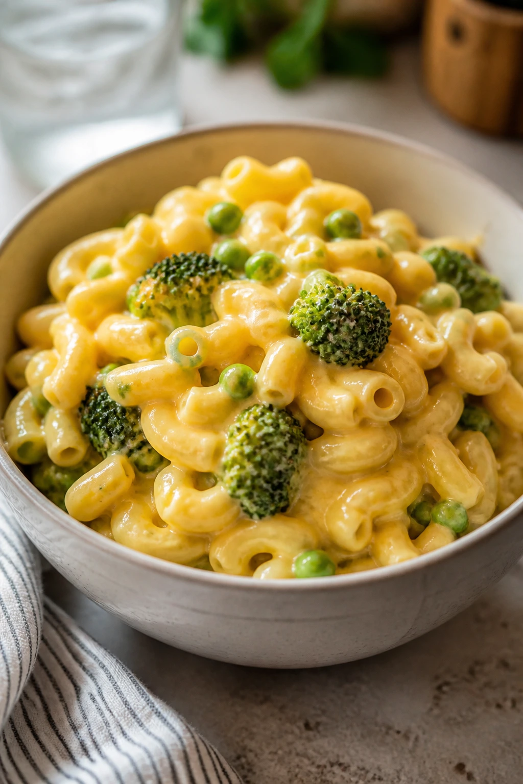 Creamy veggie mac and cheese with broccoli and peas in a bowl