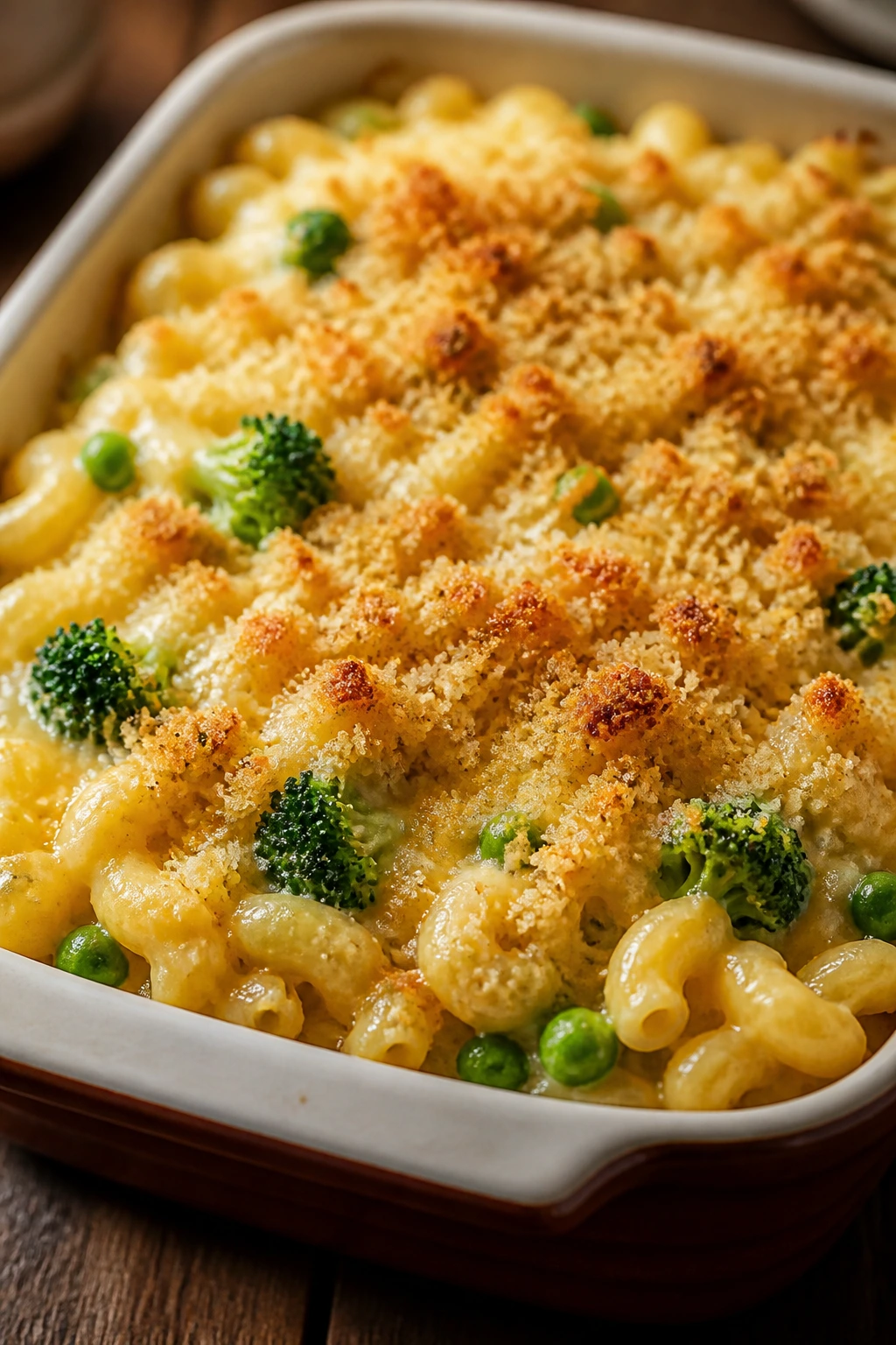 Creamy veggie mac and cheese with broccoli and peas and breadcrumb topping