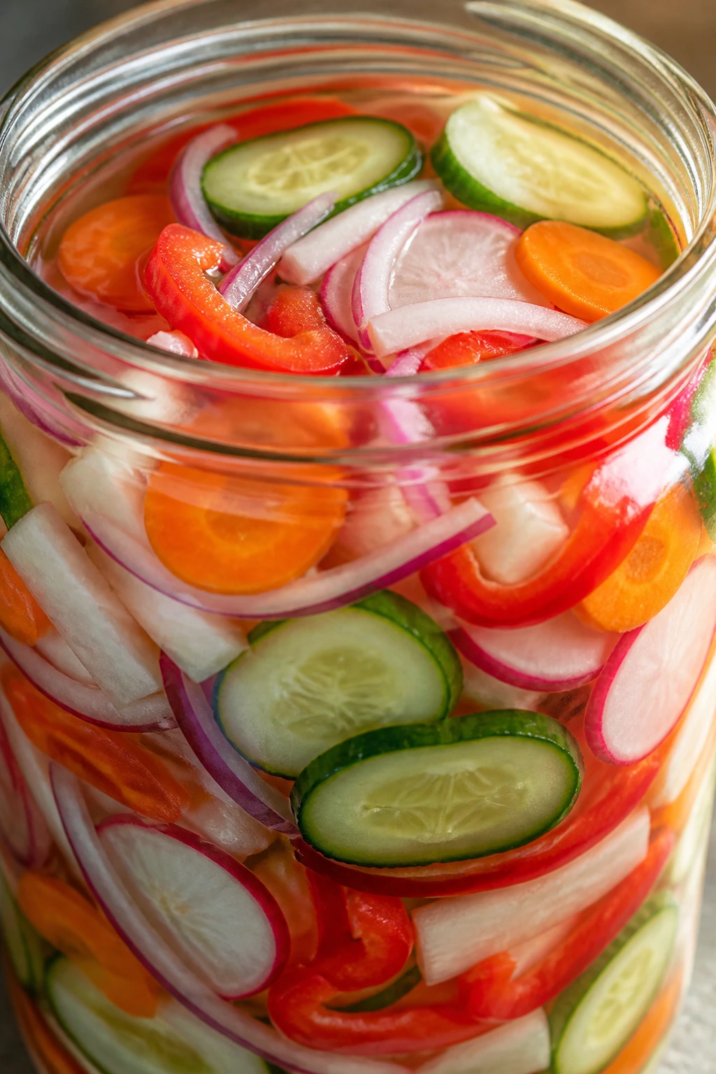 Close-up of mixed vegetables in brine inside a glass jar