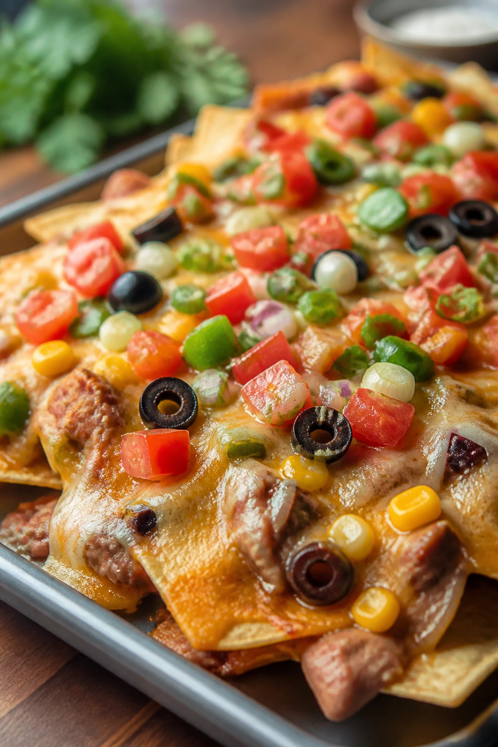 Close-up of veggie nachos with beans and melted cheese