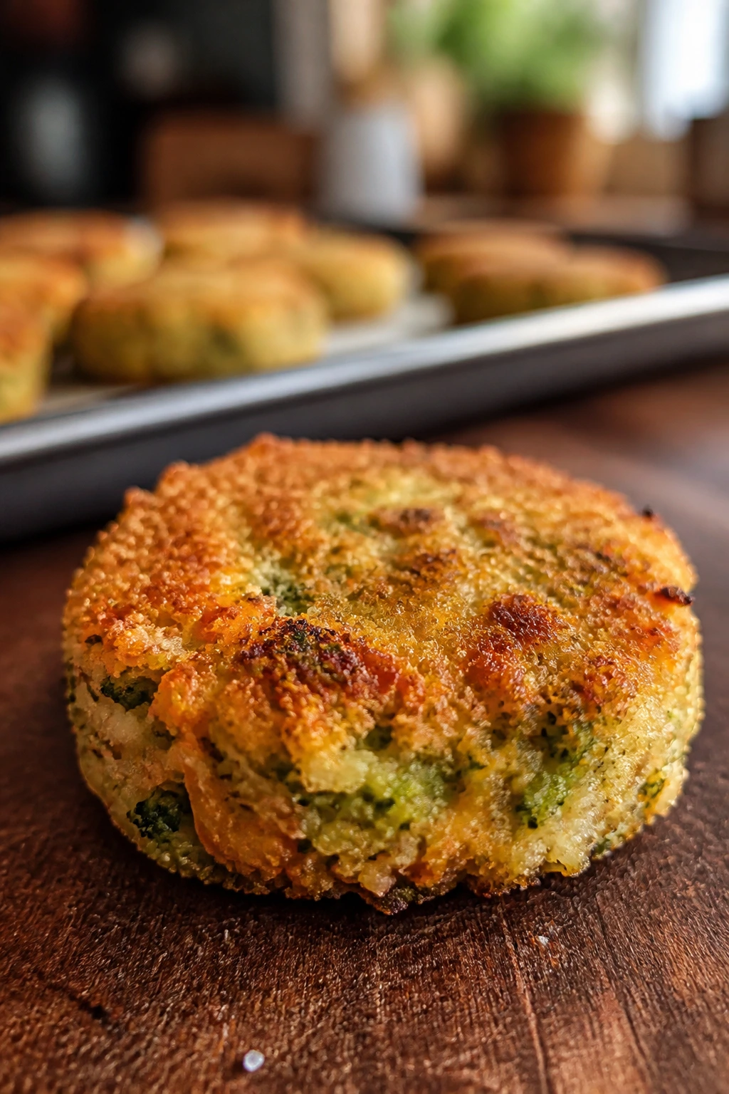 Close-up of a crispy veggie nugget with panko crust on a kitchen counter
