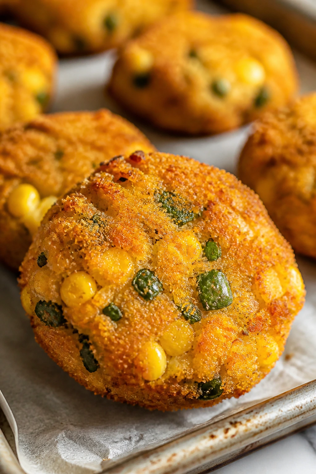 Close-up of Jalapeño Cheddar Corn Veggie Nugget showing corn and jalapeño in crispy crust