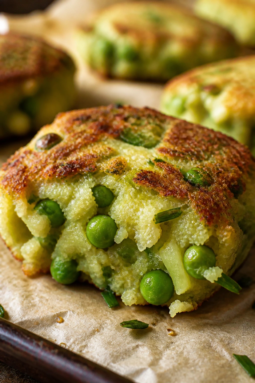 Close-up of Potato Pea Chive Veggie Nugget with peas and chives