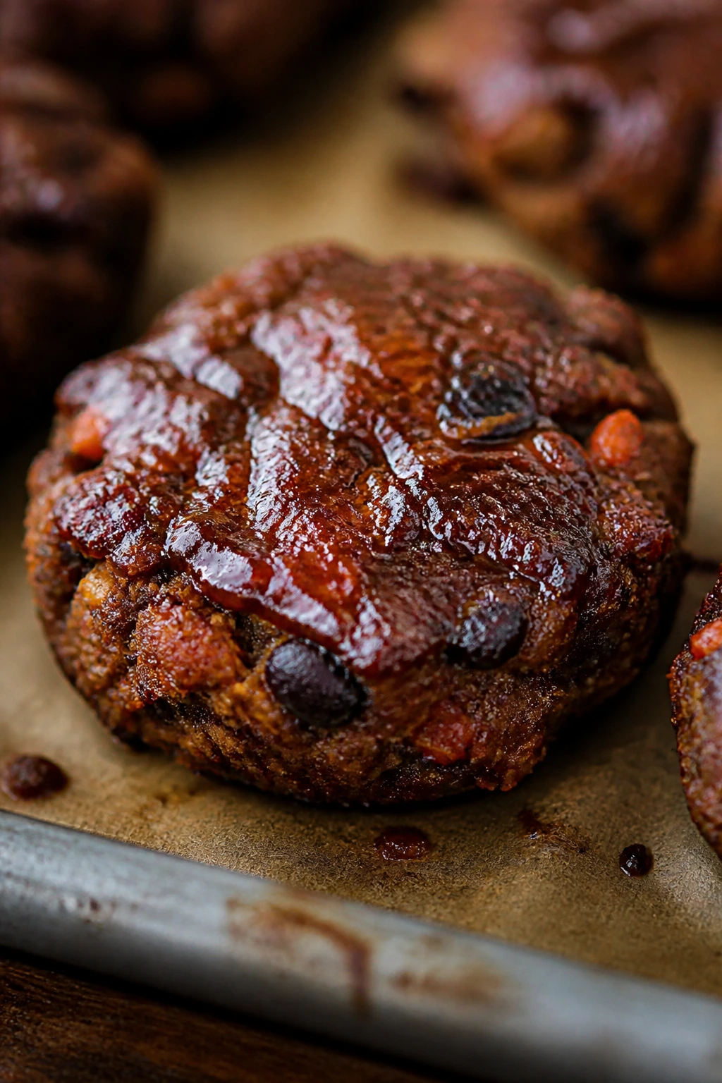 Close-up of Smoky BBQ Black Bean Veggie Nugget with BBQ glaze