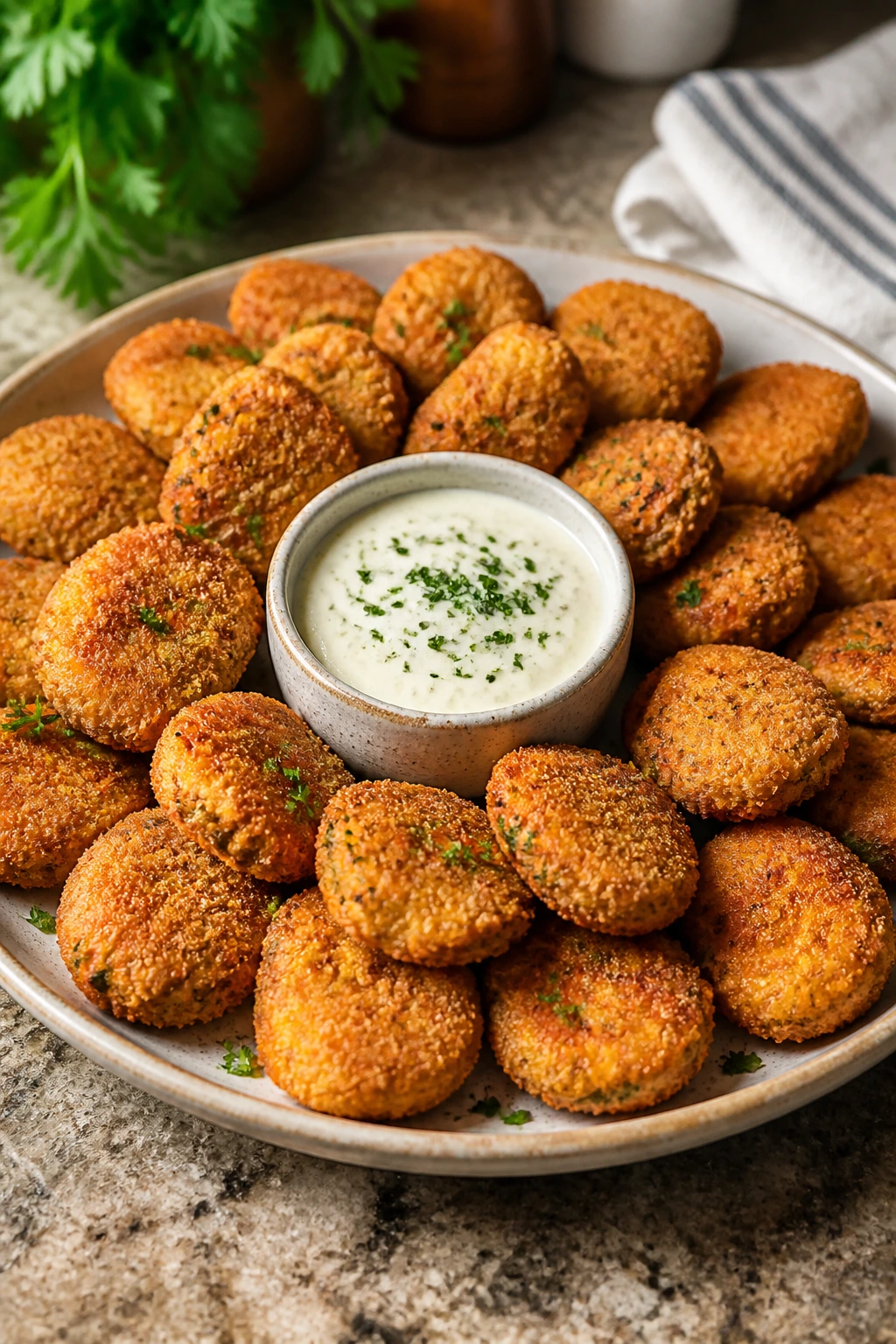 Nuggets plated on a warm platter with dip in the center