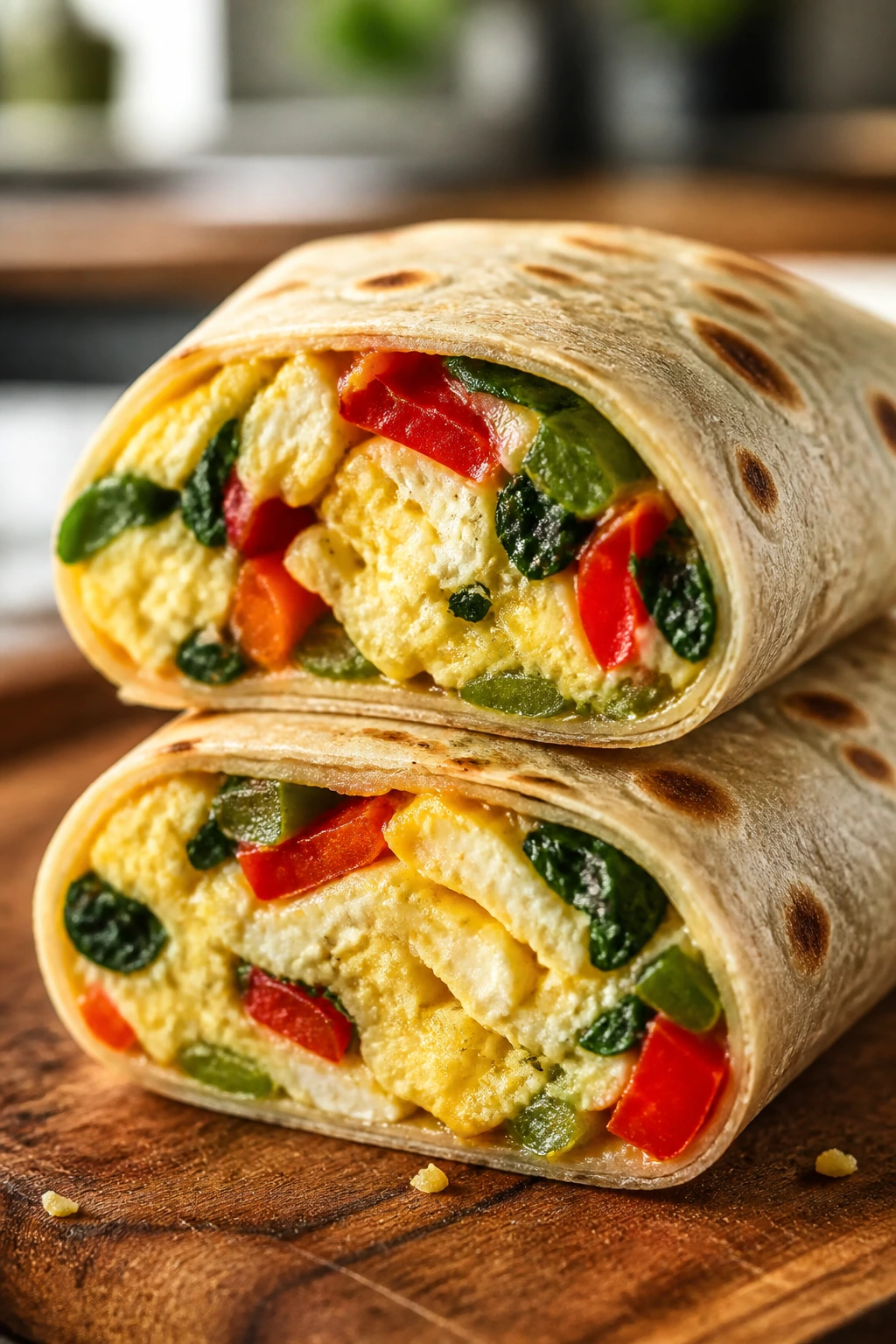 Close-up veggie omelet wraps showing filling
