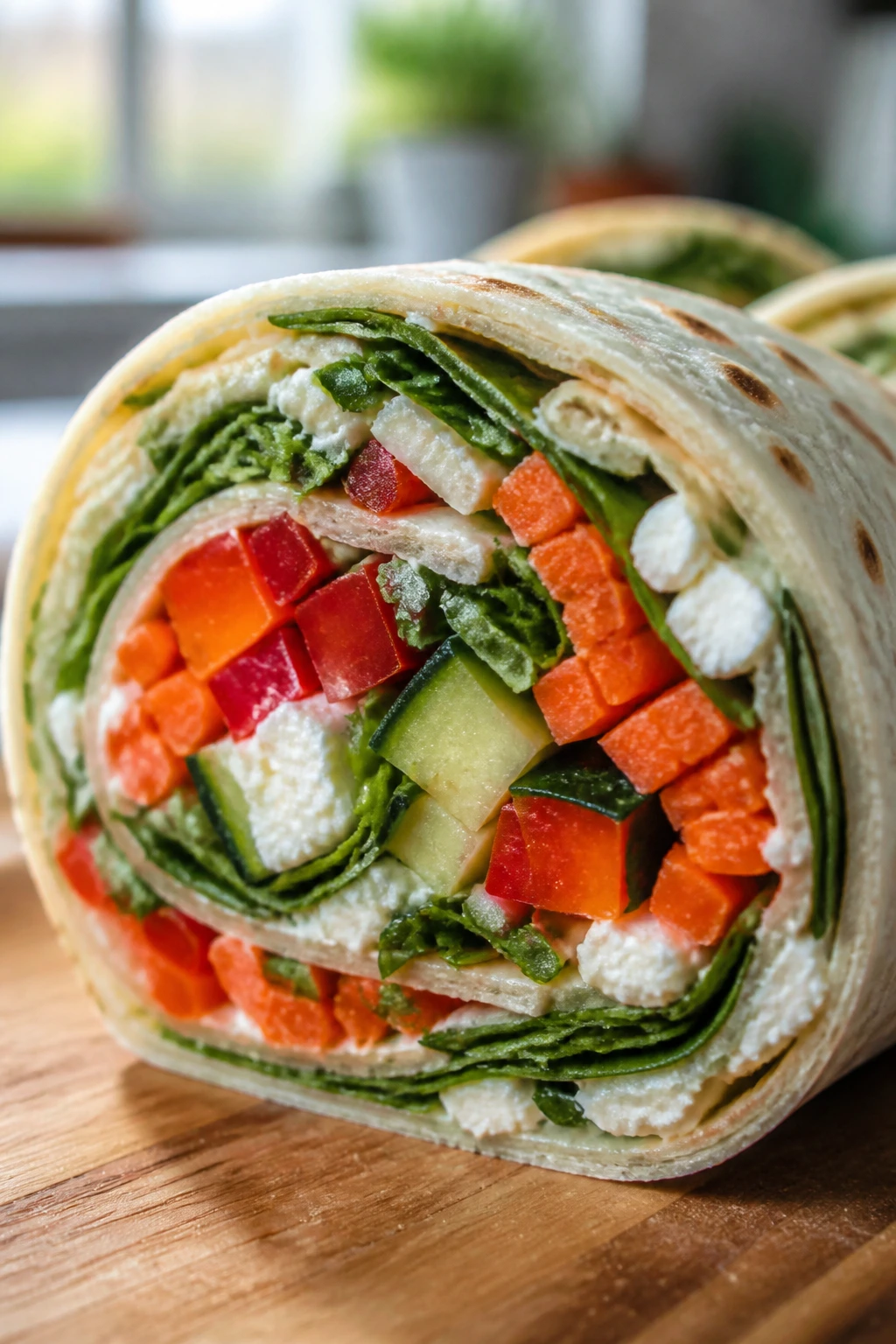 Close-up of veggie pinwheel cross-section with colorful fillings