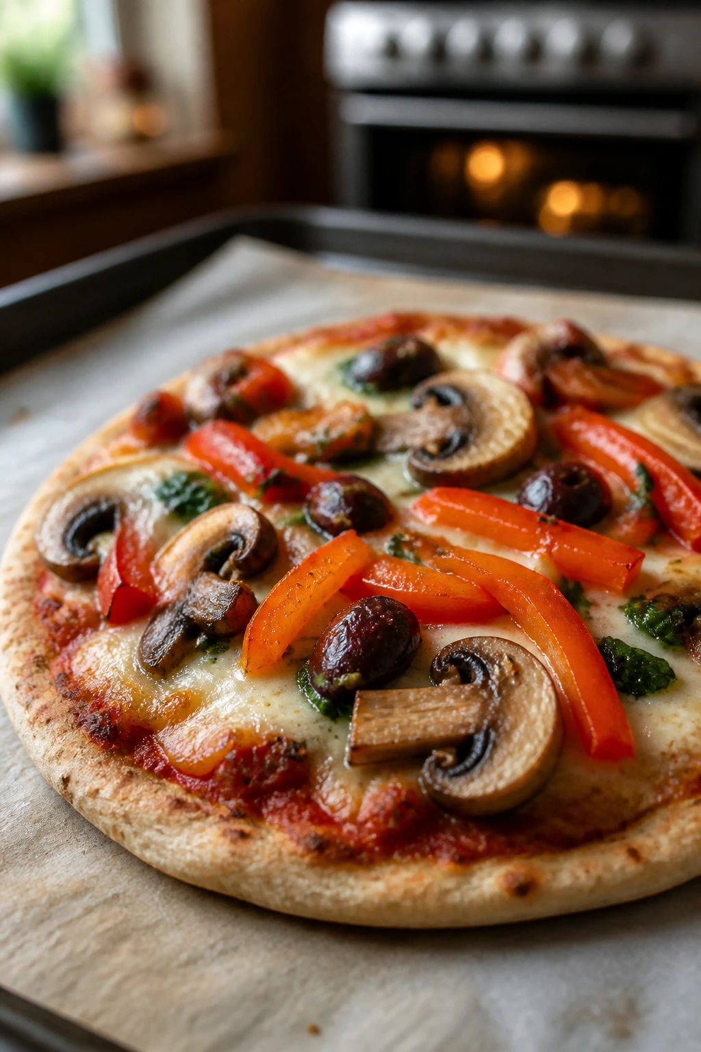 Close-up of a veggie pita pizza with cheese and vegetables on a baking sheet