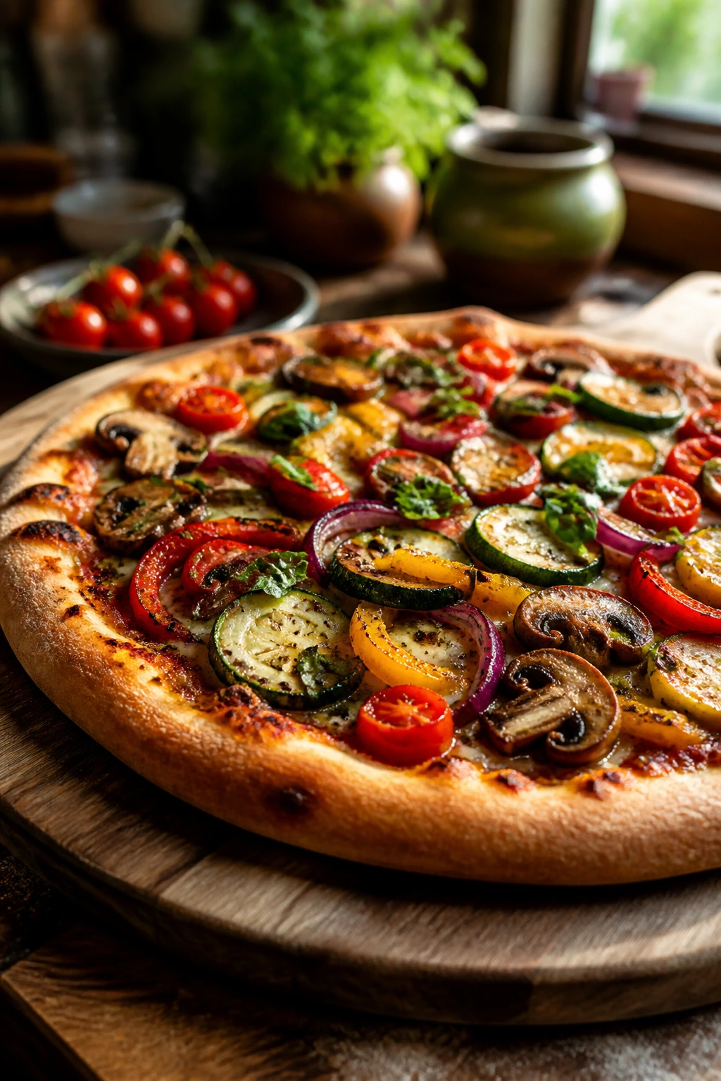Close-up of a golden crust veggie pizza with mushrooms, zucchini, peppers, onions and basil on a wooden board.