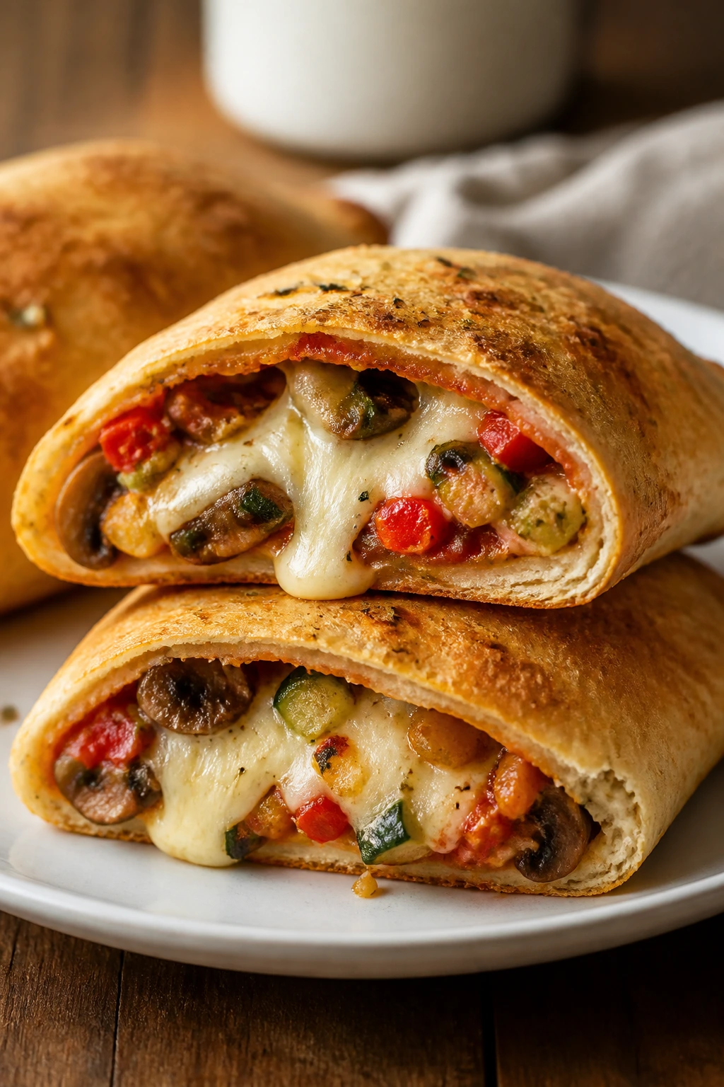 Golden veggie pizza pocket cut open showing cheese and vegetables