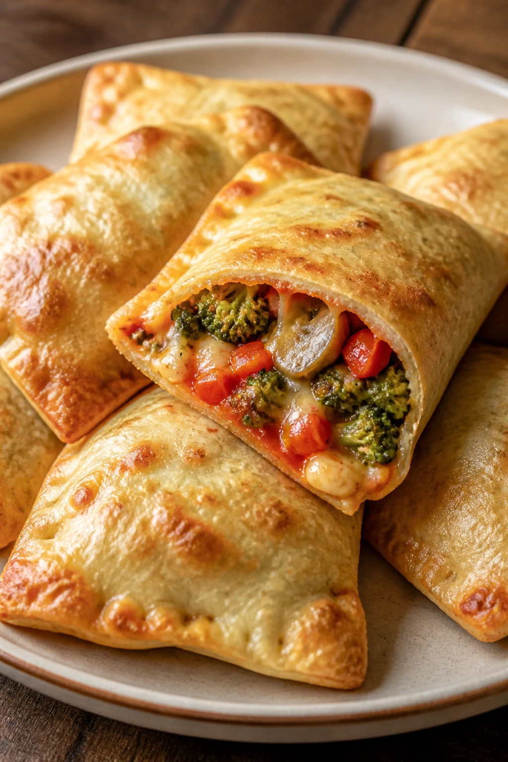 Close-up of veggie pizza pockets on a plate