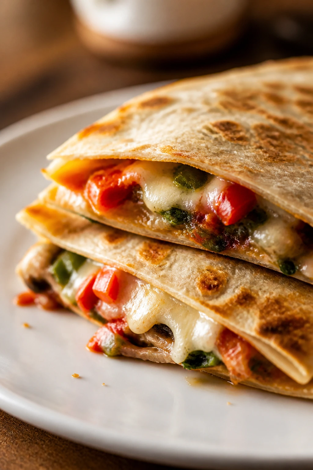 Wedge of veggie pizza quesadilla with cheese and vegetables on a plate