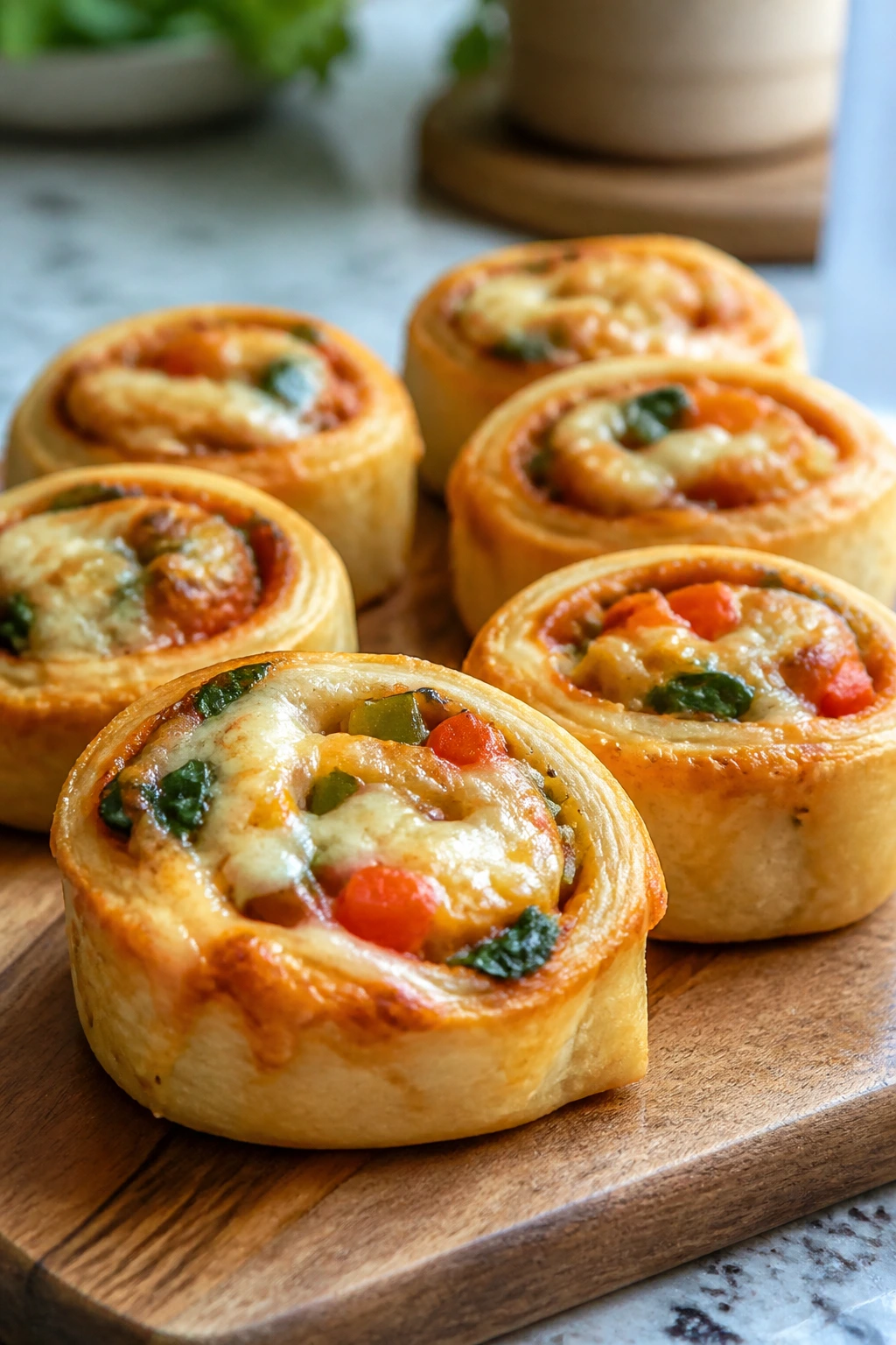 Spiral veggie pizza rolls on a wooden board