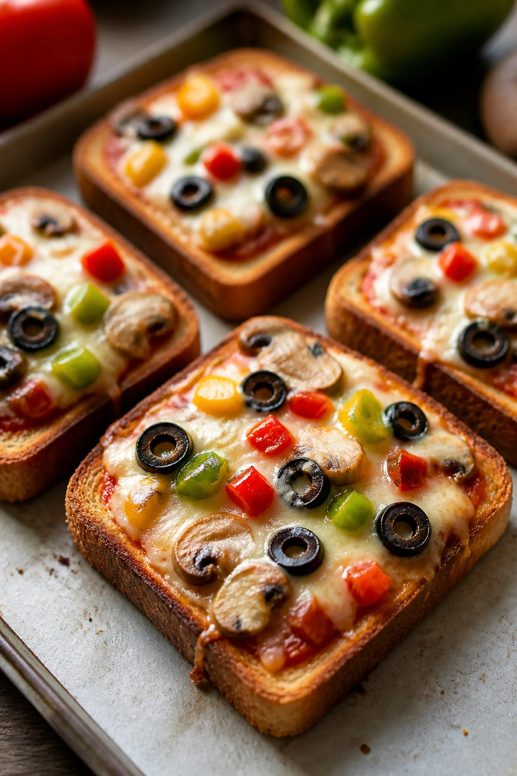 Close-up of veggie pizza toast with sauce, cheese and toppings.