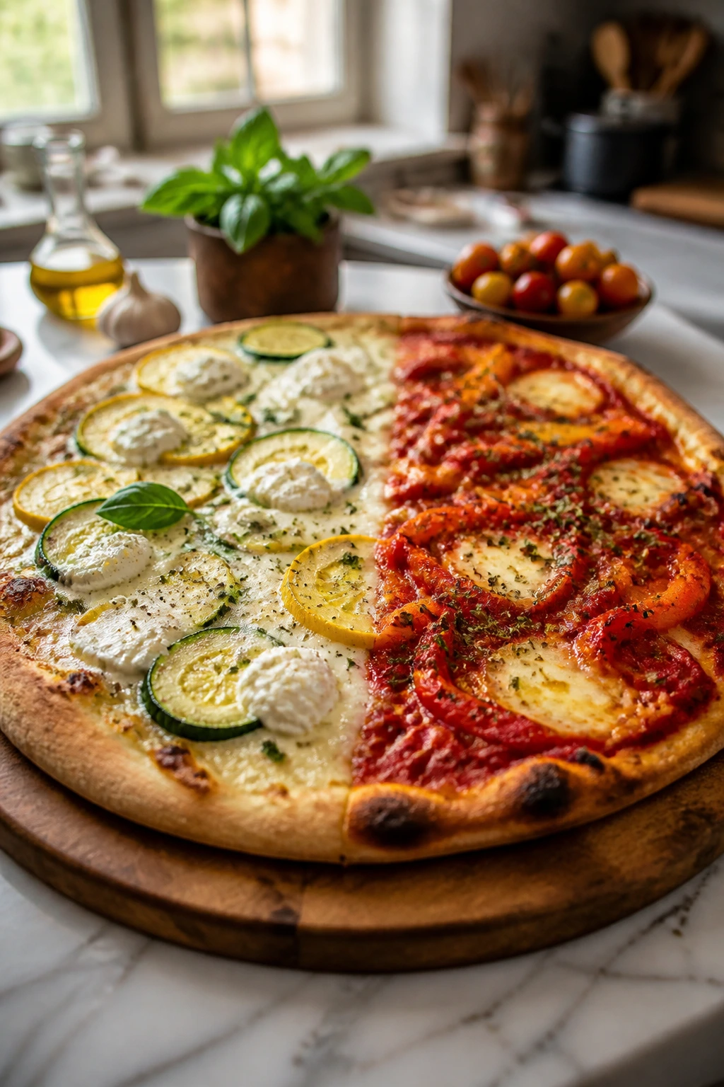 Half-and-half veggie pizza showing two variations on a wooden board in a bright kitchen